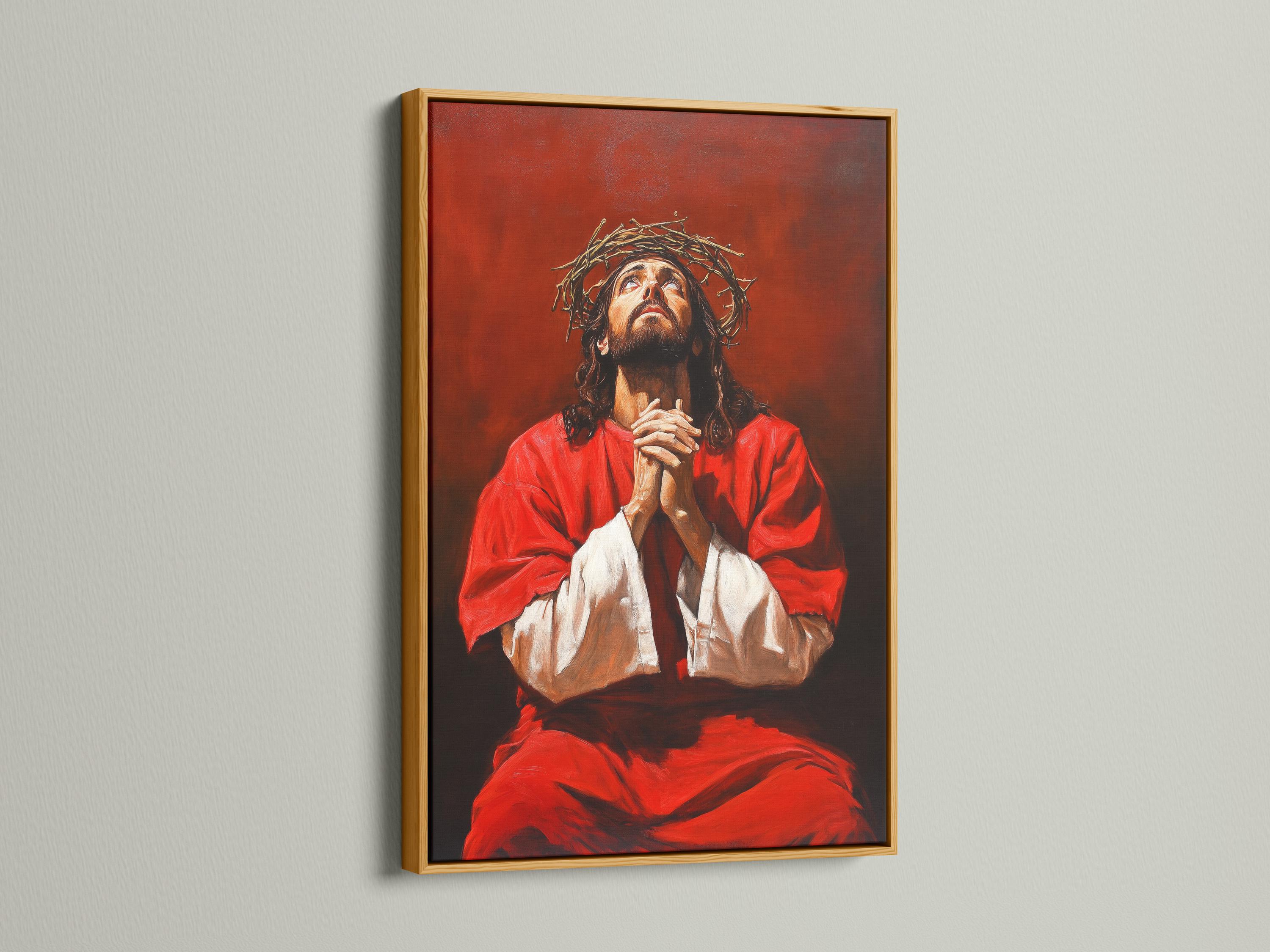 Painterly portrait of Jesus with a crown of thorns, red robe, and praying hands against a dark red-brown background detail view