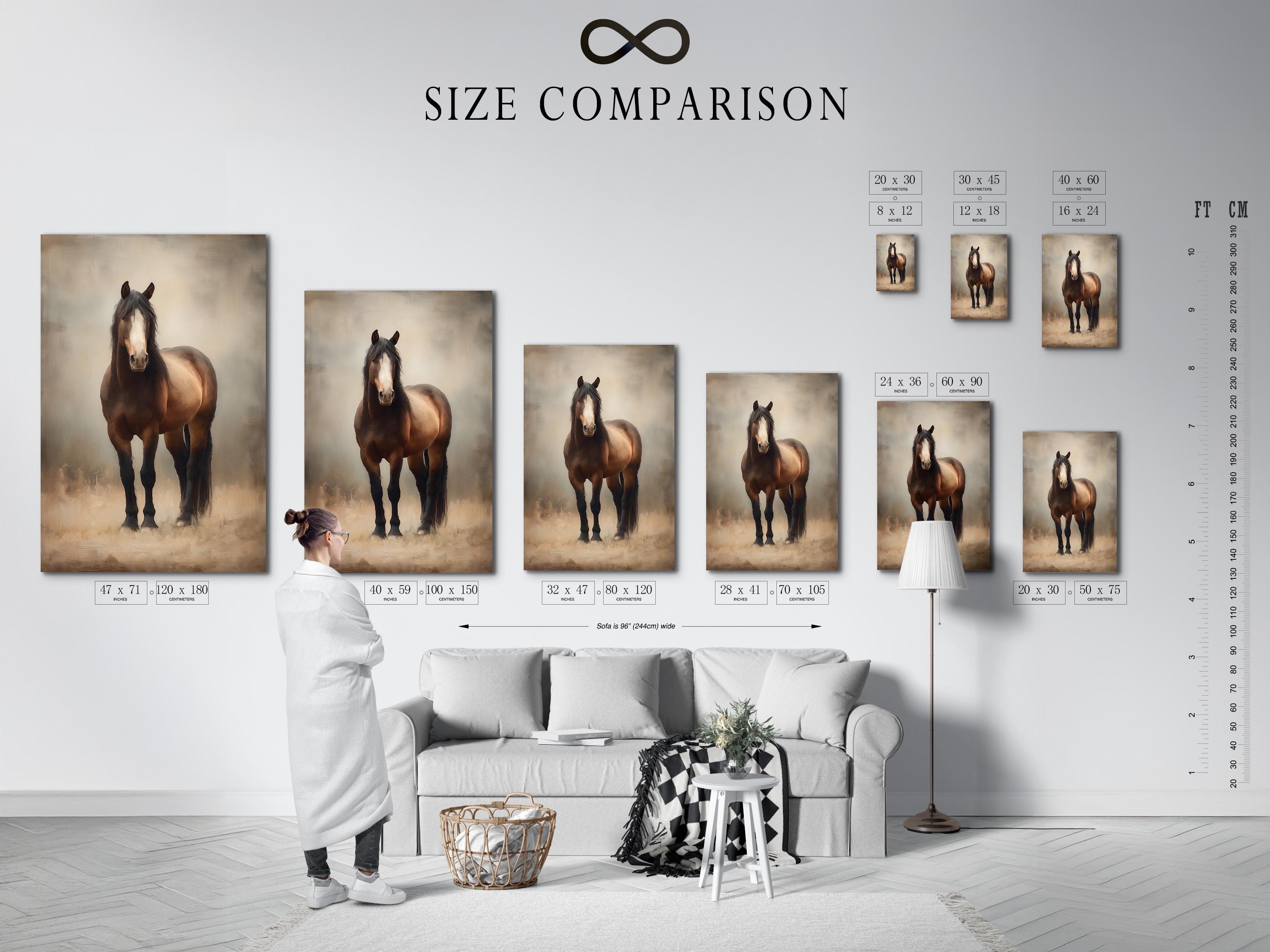 Room mockup showing a framed brown horse portrait artwork on a beige wall