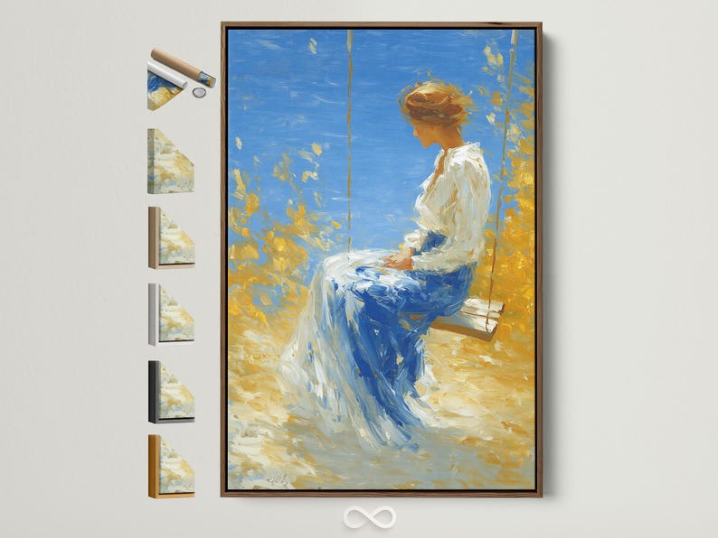 Painterly woman on a swing in blue and gold tones under a bright sky
