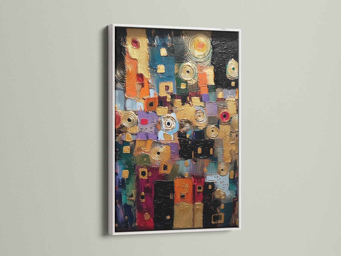 Abstract geometric artwork with gold spiral circles and colourful teal, red and purple blocks on a dark background detail view