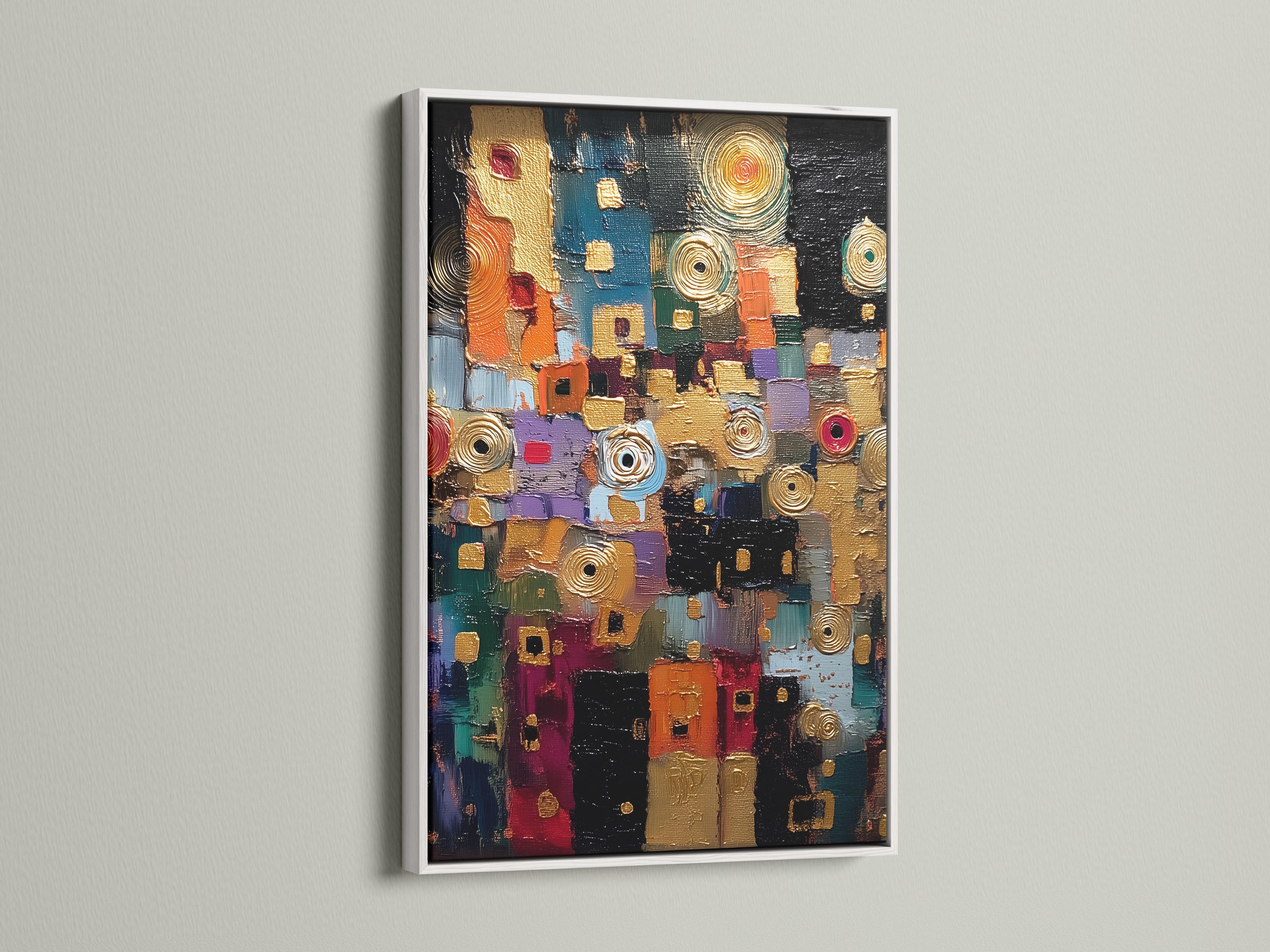 Abstract geometric artwork with gold spiral circles and colourful teal, red and purple blocks on a dark background detail view