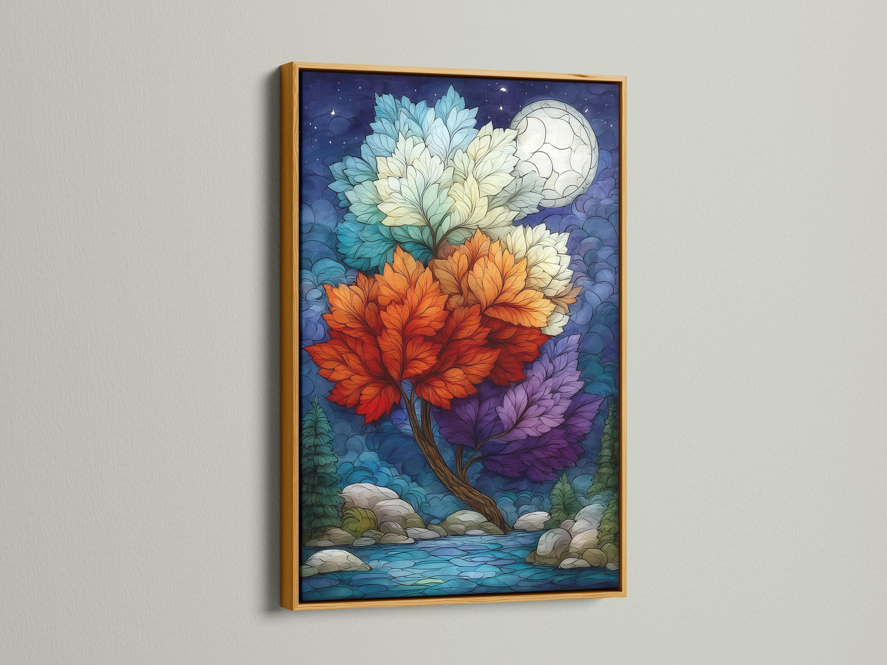 Fantasy tree artwork with colourful leaf clusters and a full moon on a deep blue night sky detail view