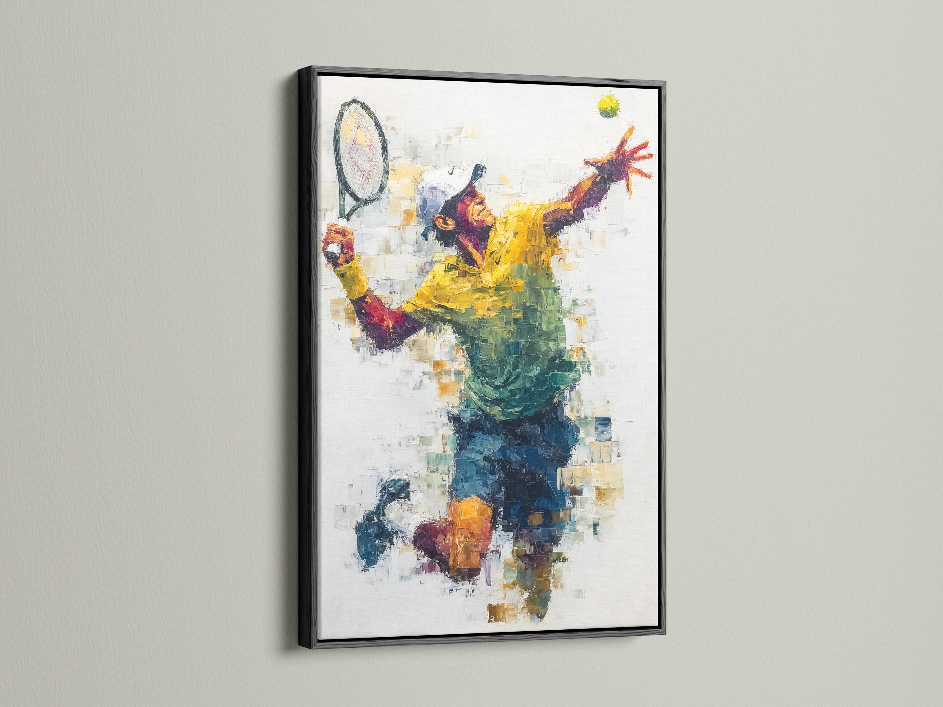 Room mockup showing framed abstract tennis player artwork with yellow, blue and teal colour blocks