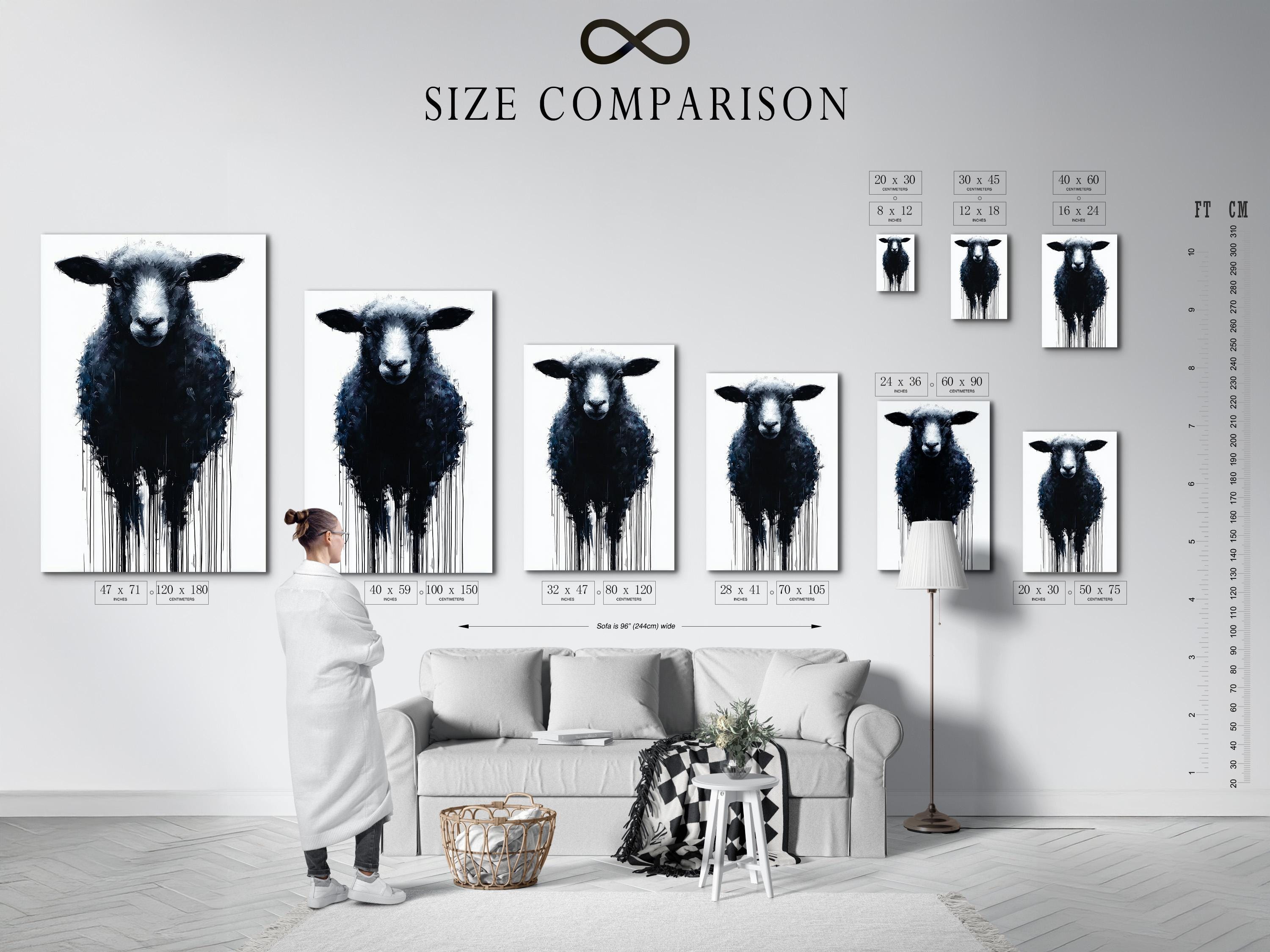 Sheep portrait artwork displayed in a bright industrial-style room