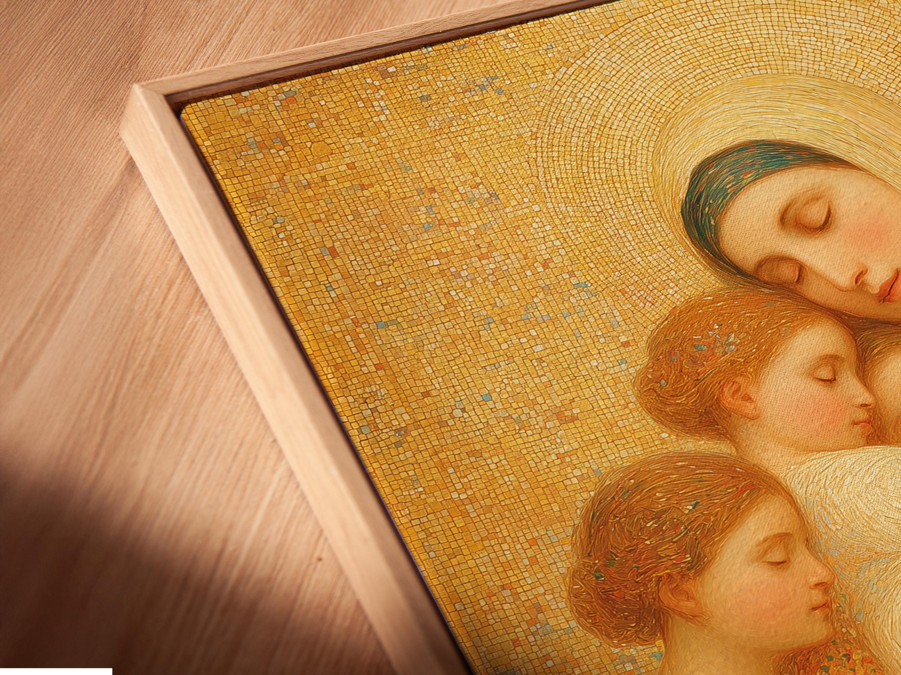 Gold religious portrait of a haloed mother holding children against a mosaic background detail view