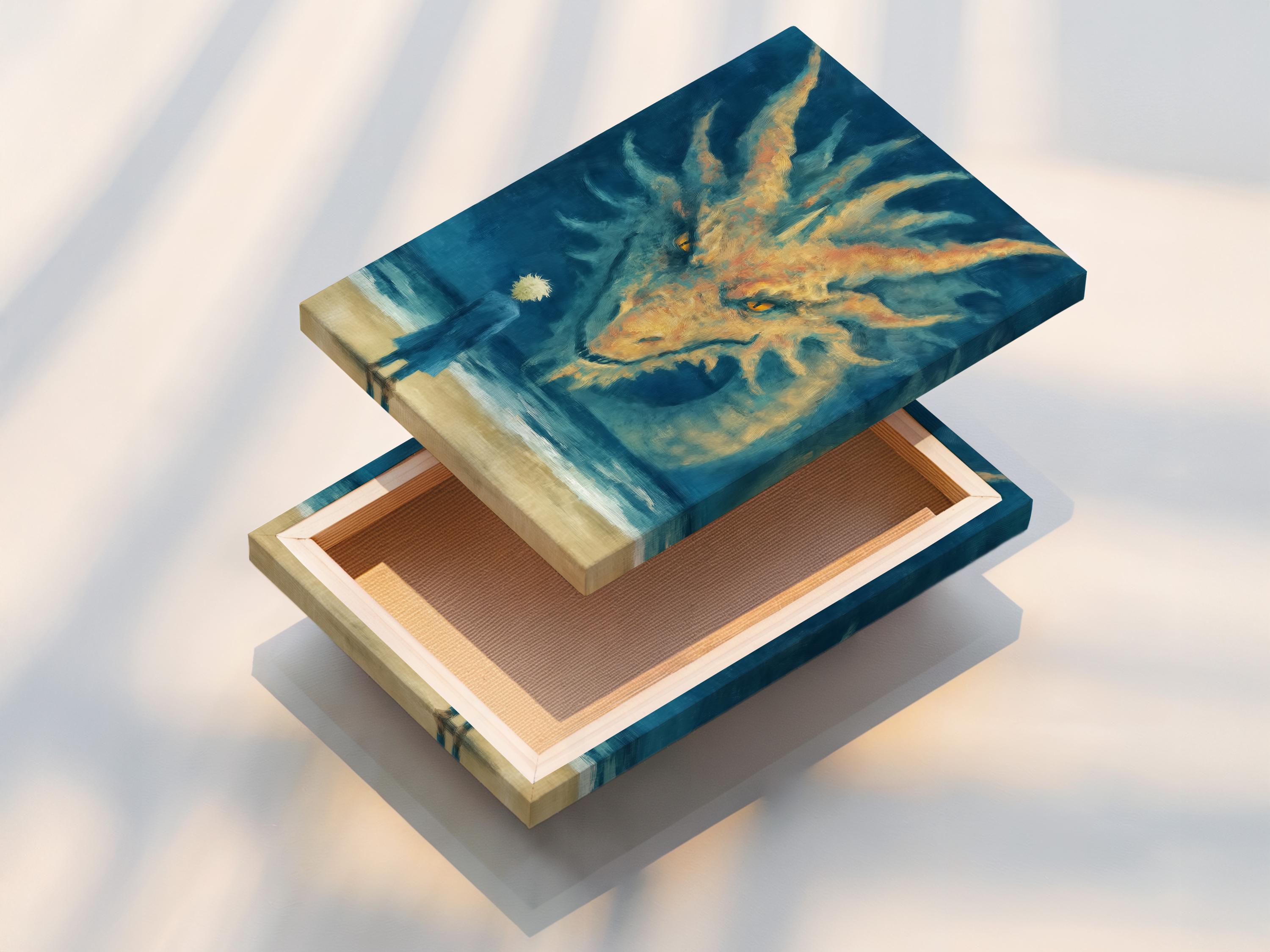 Blue dragon-like creature with glowing yellow eyes over a sandy beach ocean scene detail view