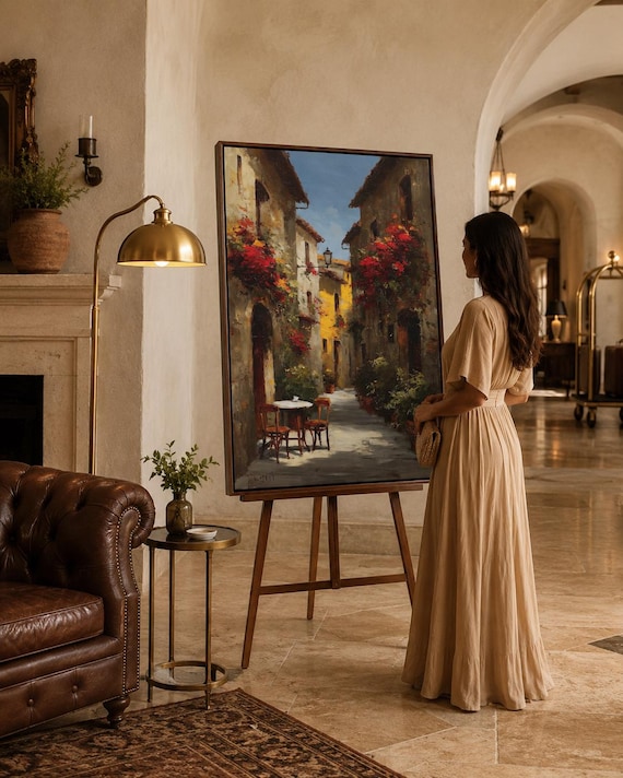 画家Silvio Di Volo イタリア　絵サイズ30x40額サイズ60x49 Italian Village Canvas Art - Sunlit Alley Scene, Red Flowers