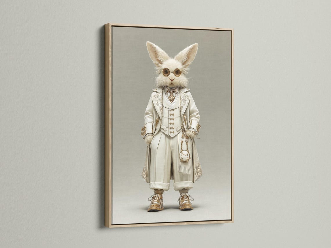 A framed rabbit portrait artwork featuring a white rabbit with round gold spectacles and a Victorian outfit