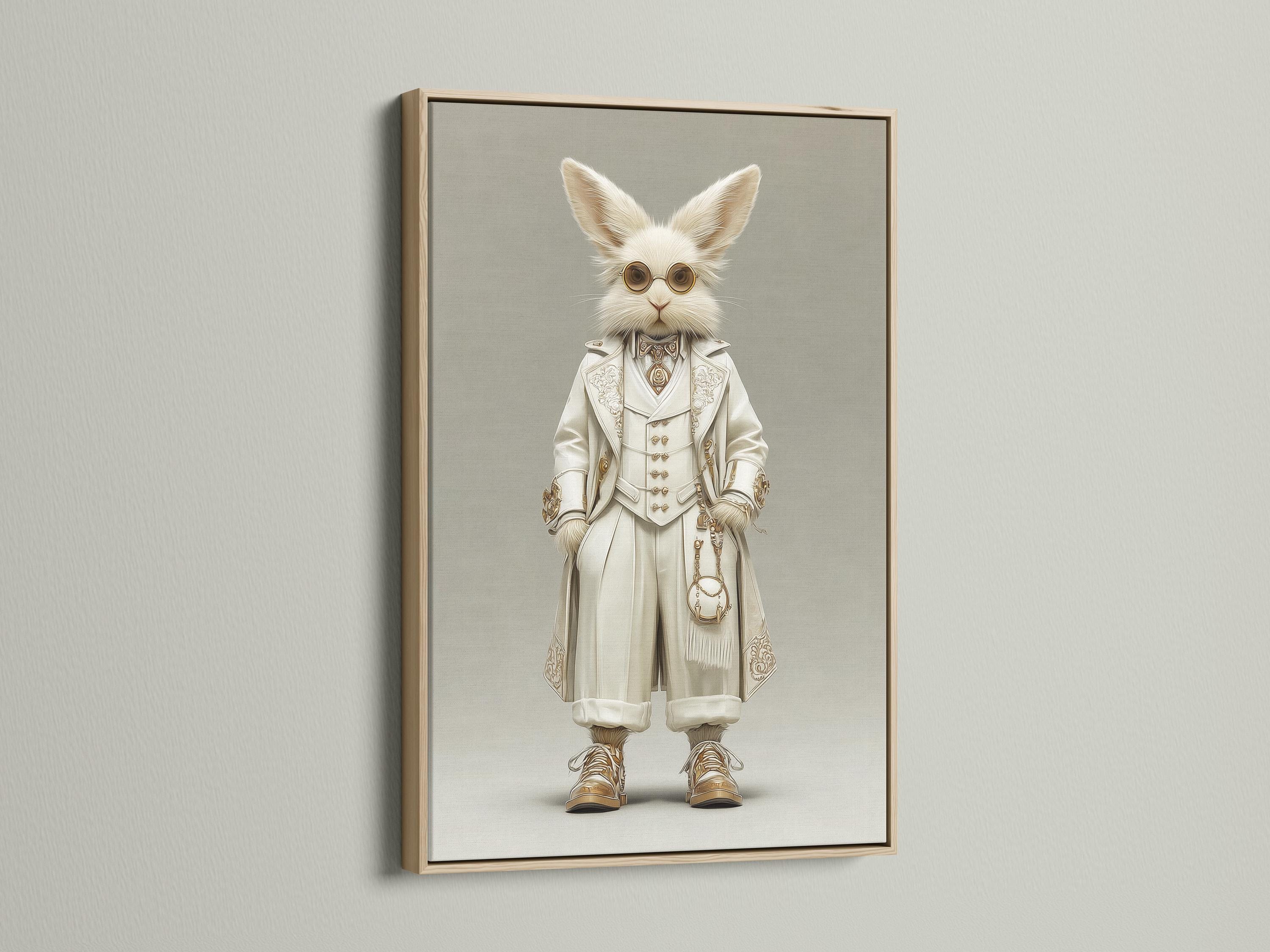 A framed rabbit portrait artwork featuring a white rabbit with round gold spectacles and a Victorian outfit
