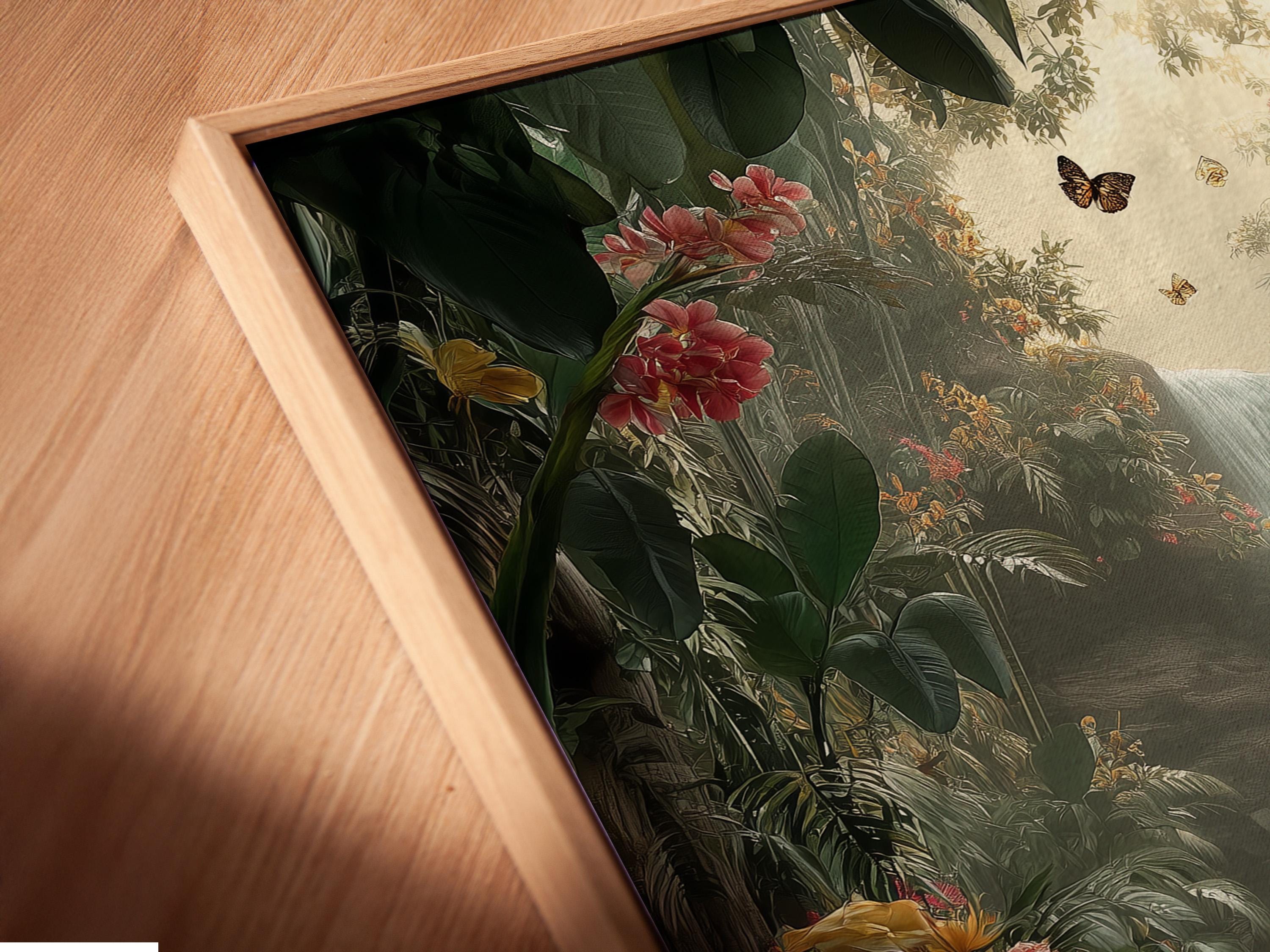 A jungle waterfall scene with lush green leaves, layered flowers and butterflies, flowing into a misty light area at the centre detail view