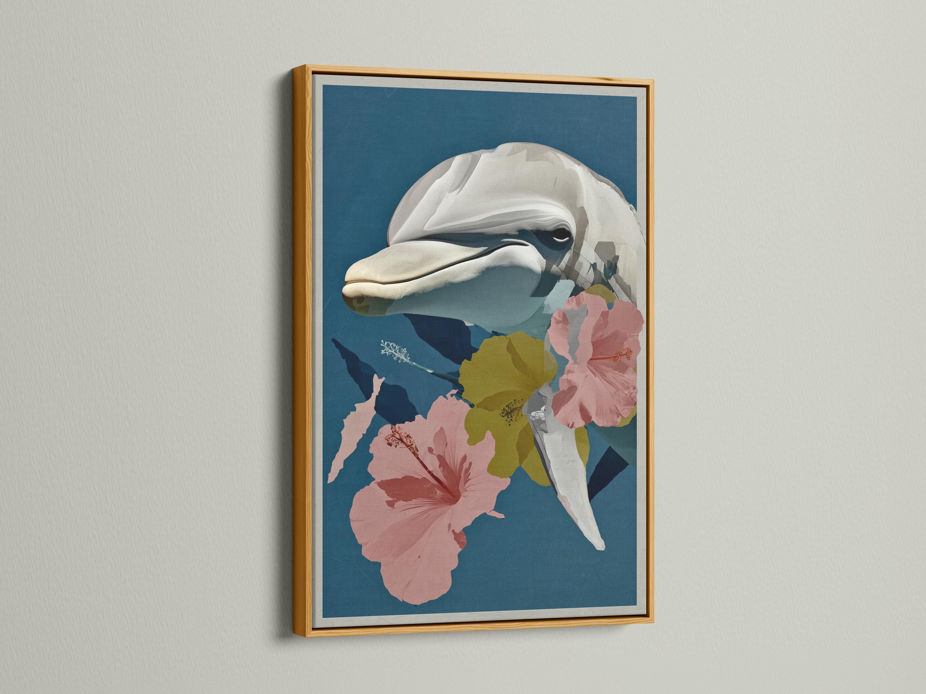 Dolphin in profile surrounded by large pink hibiscus flowers on a teal-blue background detail view
