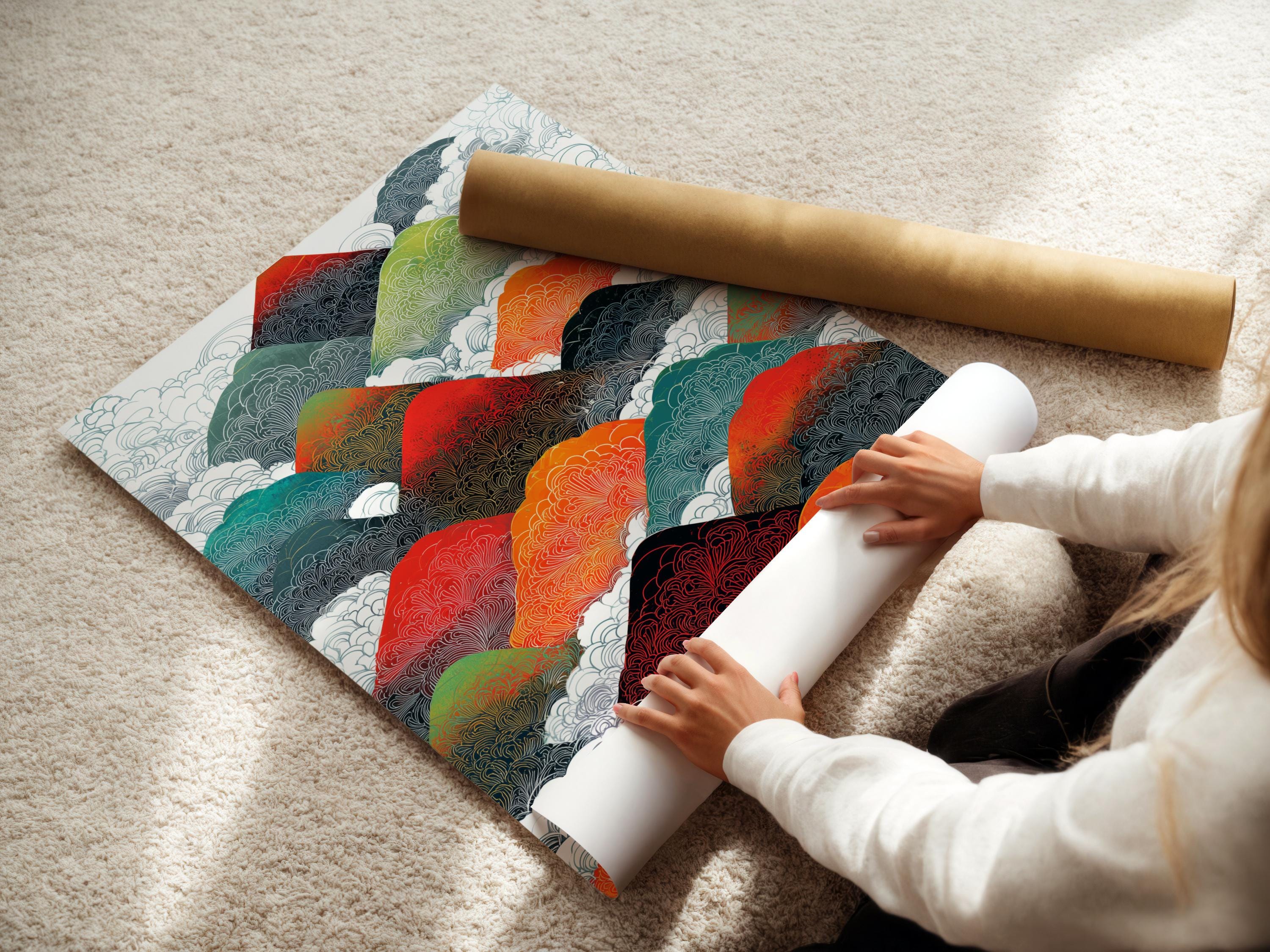 Illustrated mountain range with repeating contour line texture in red, orange, teal and green detail view