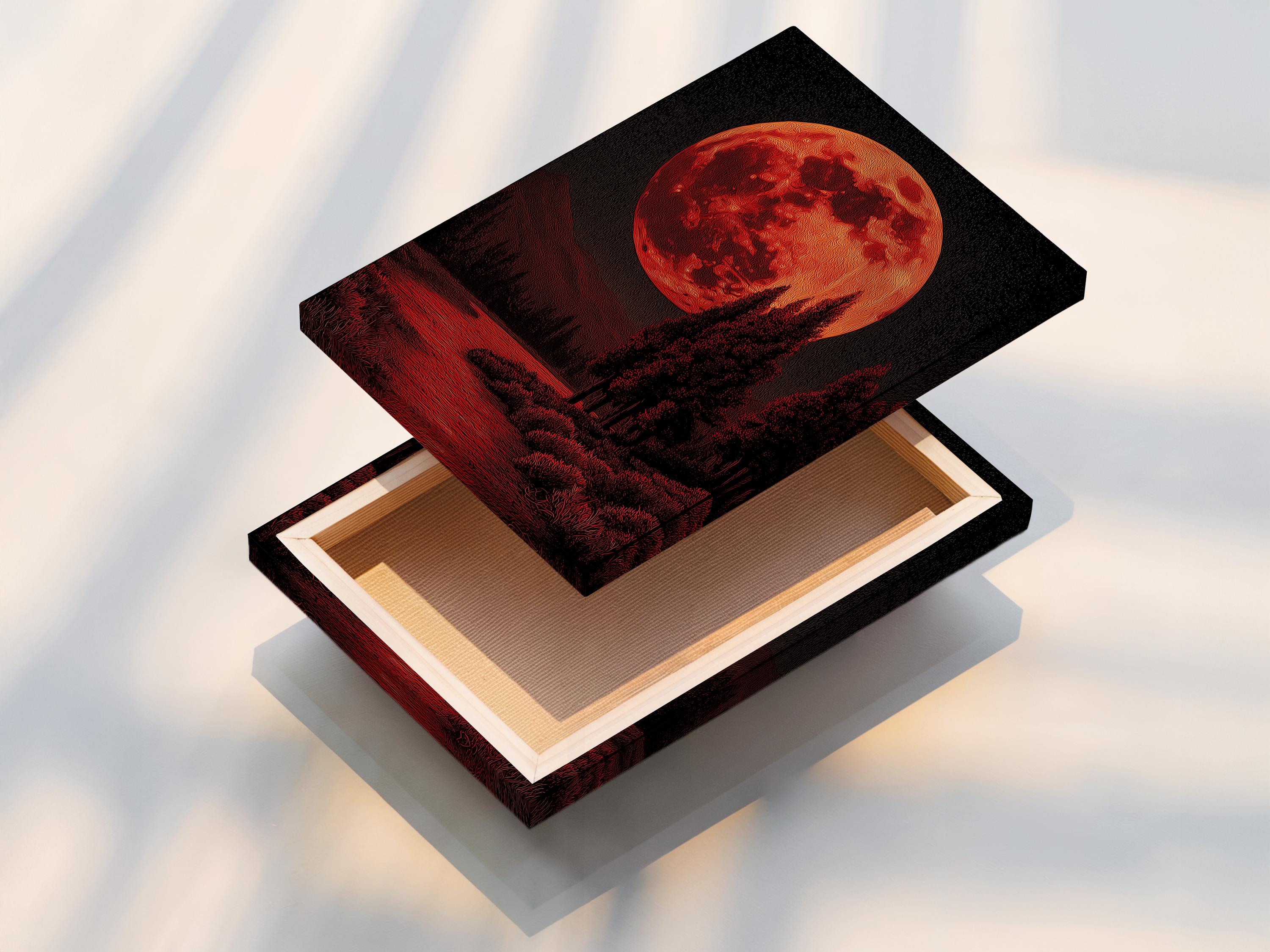Red moon over a dark forest landscape with textured crimson and black details detail view