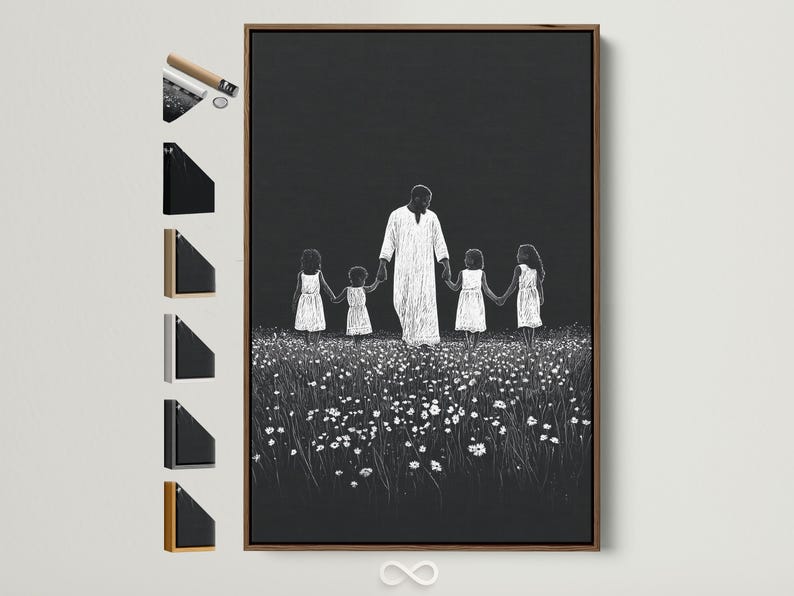 Monochrome line-art family scene of a father holding daughters’ hands in a flower field