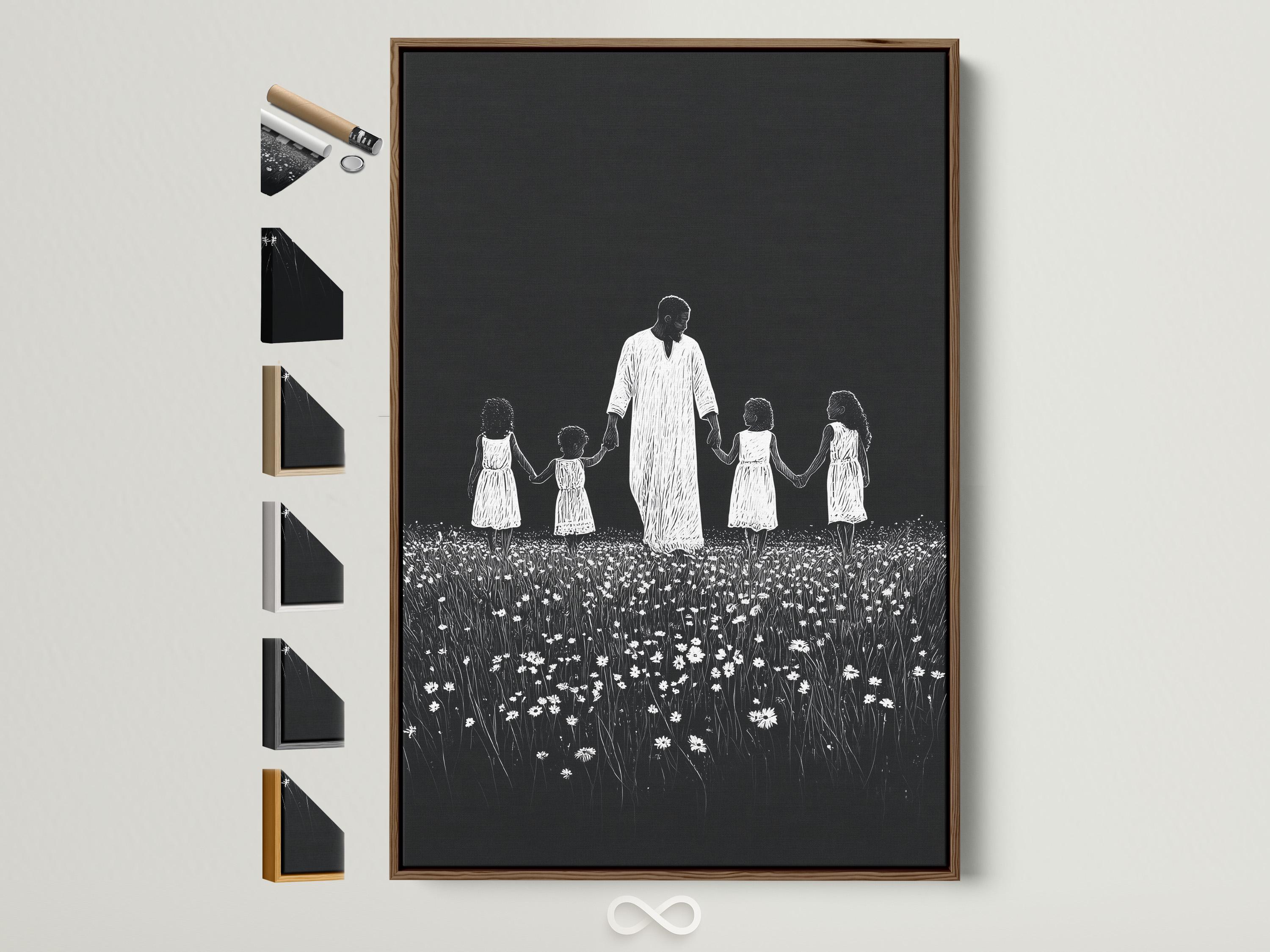 Monochrome line-art family scene of a father holding daughters’ hands in a flower field