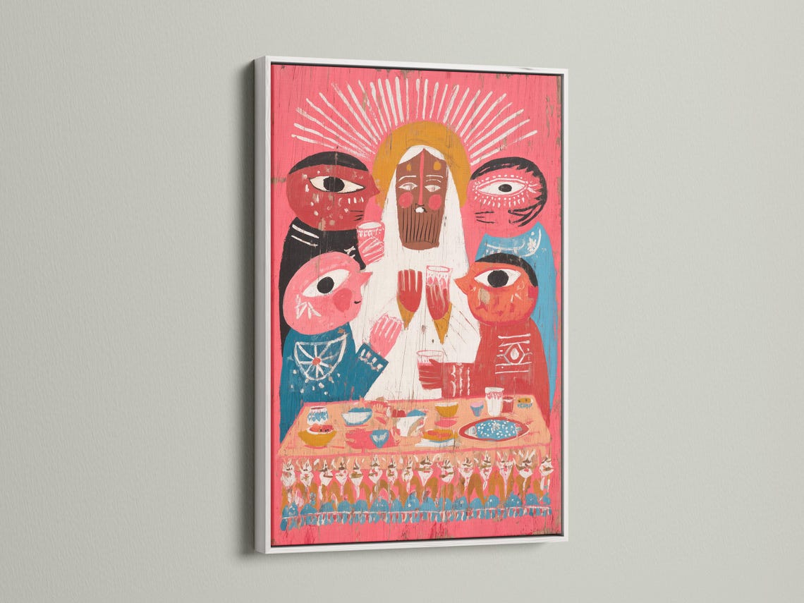 Stylised folk illustration with three haloed figures, bowls on a table, and a crowd band on a red background detail view