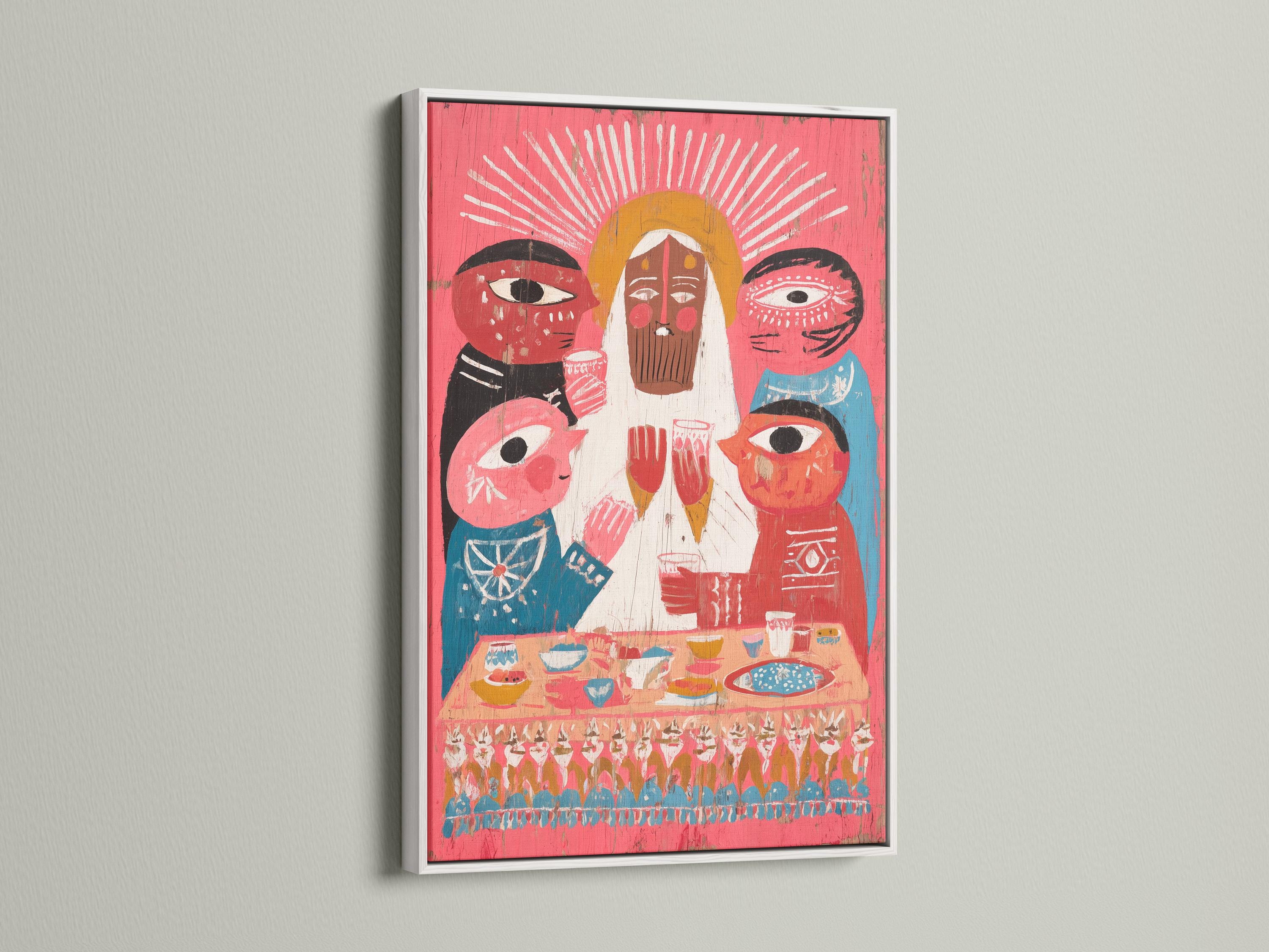 Stylised folk illustration with three haloed figures, bowls on a table, and a crowd band on a red background detail view