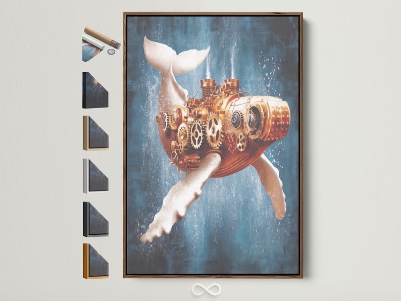 Mechanical whale with copper and gold gears on a textured blue background