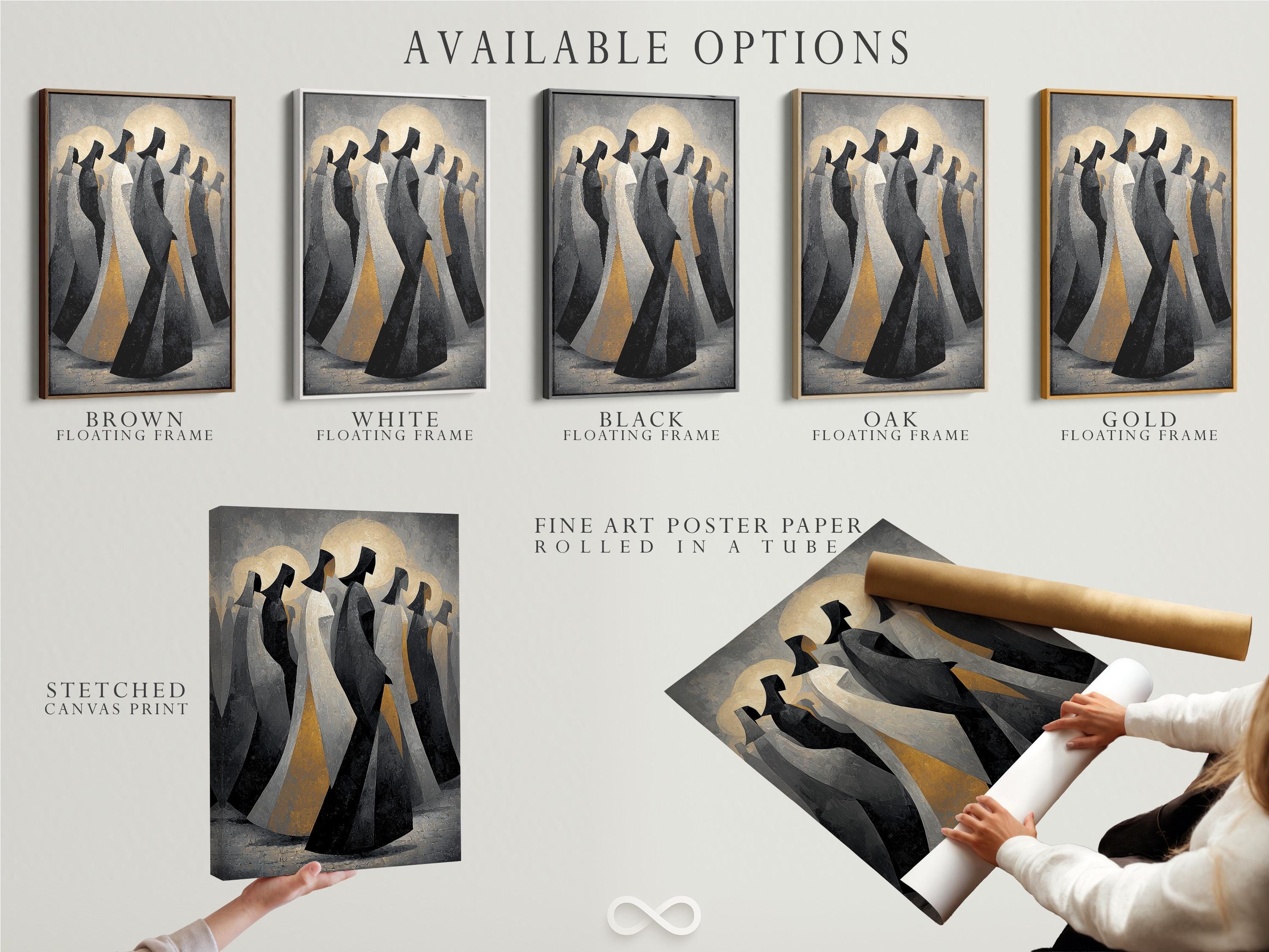 Framed artwork displayed on a neutral background with hooded figures and gold moon discs