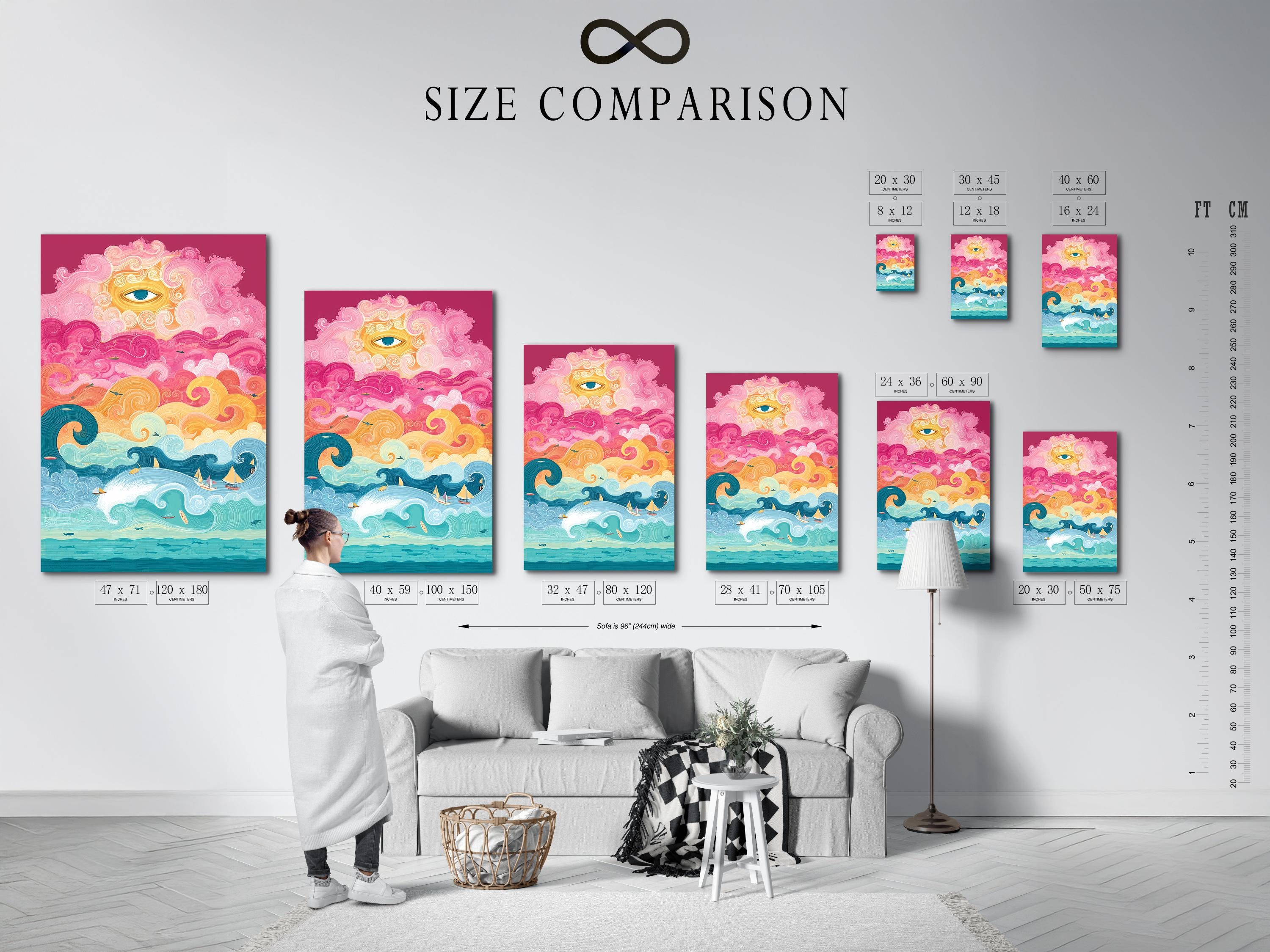 Colourful ocean scene with an eye in the sky, swirling clouds, waves, sailboats and fish detail view