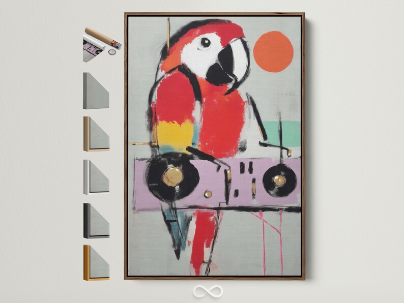 Stylised parrot bird portrait in red and black with a large orange circle accent