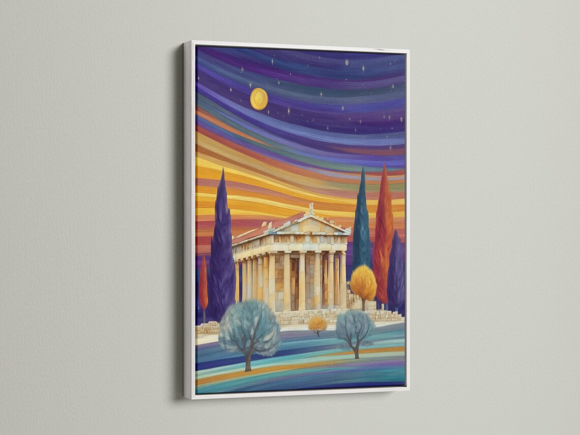Stylised ancient temple scene with purple and gold sunset sky, stars, and cypress-like trees detail view