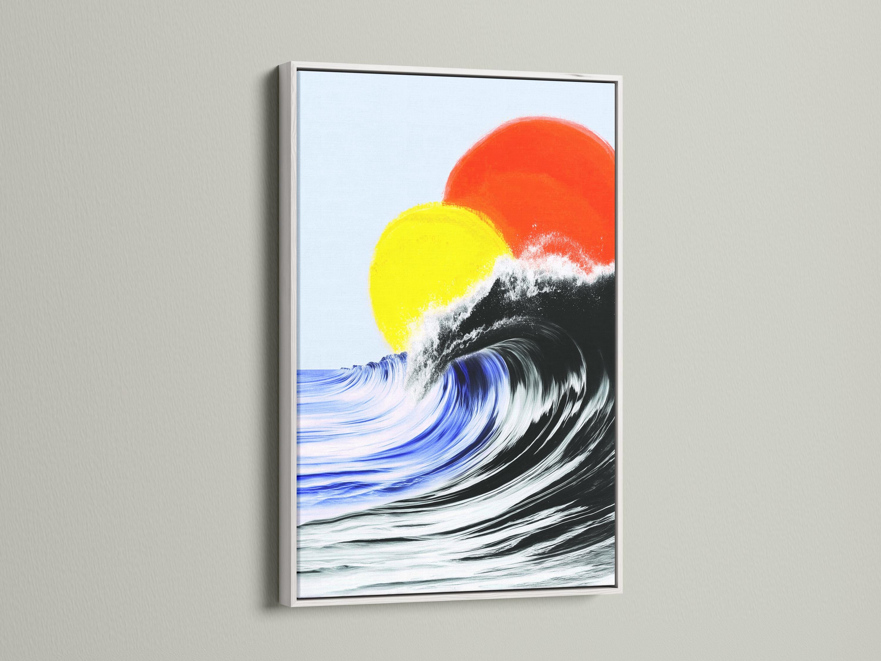 Room mockup showing a framed abstract ocean artwork on a wall near an open window and lounge area