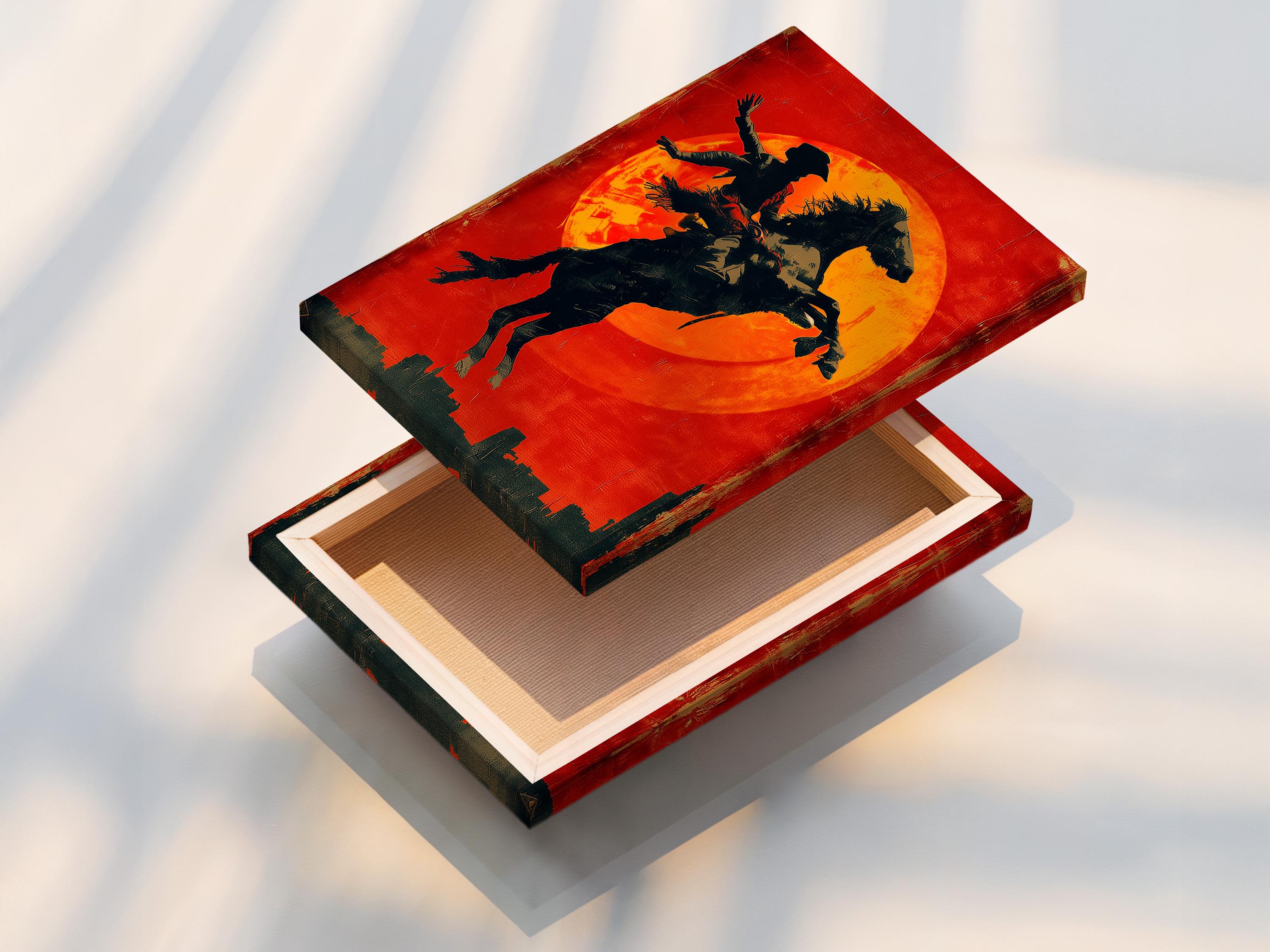 Silhouette of a cowboy riding a horse against a glowing orange sun on a red textured background detail view