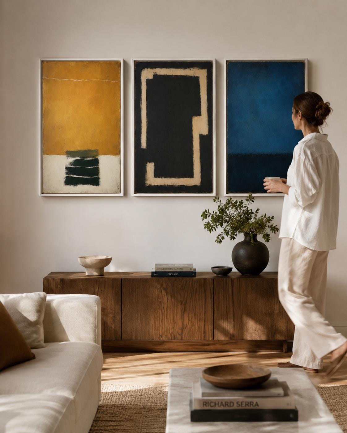 Three-panel abstract colour field triptych with deep blue, mustard ochre and near-black textures detail view
