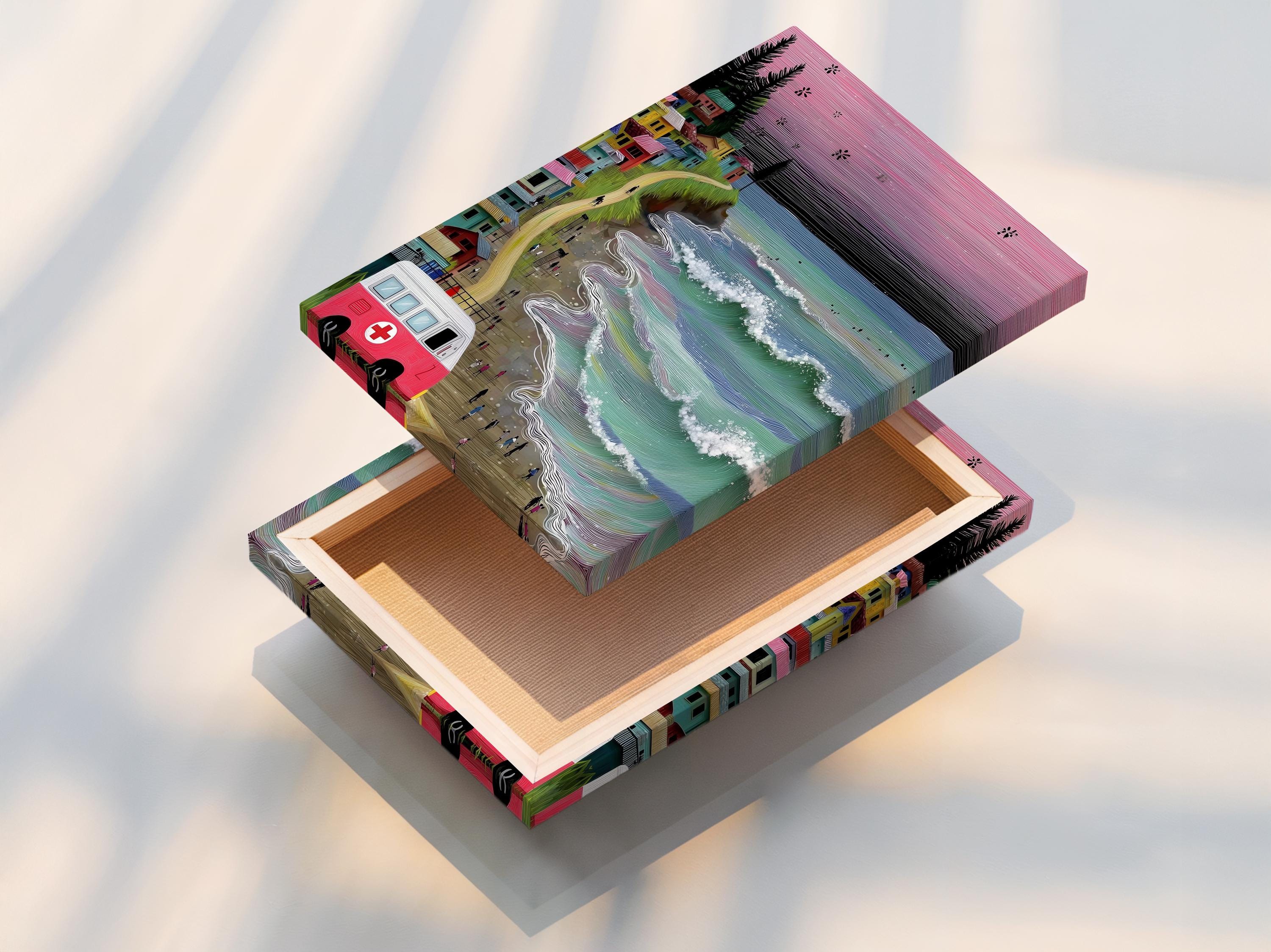 Retro beach village artwork with a pink sunset sky, ocean waves, and a red-and-white van detail view