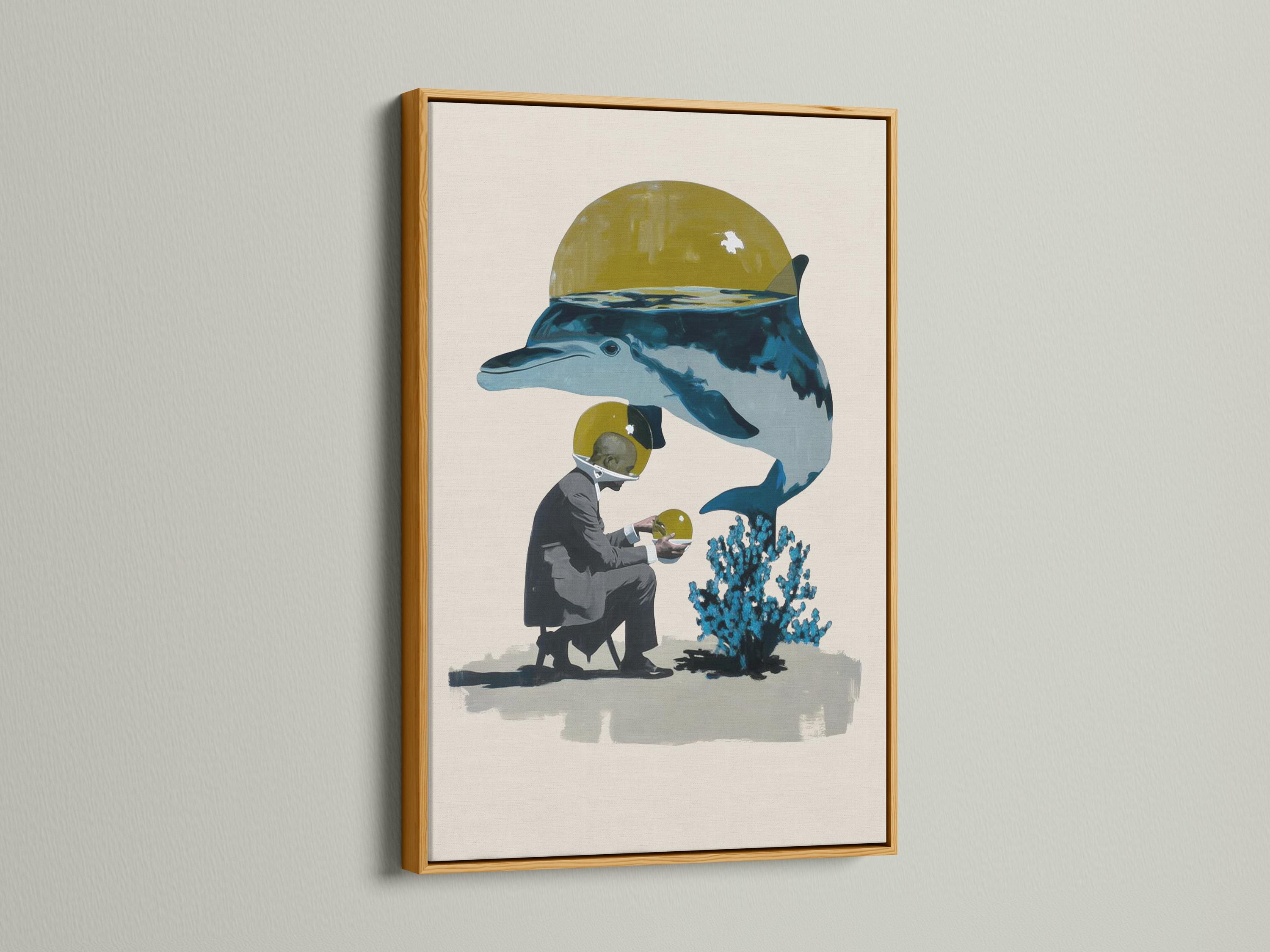 Surreal dolphin in blue with a yellow helmet-like dome and a person holding a round yellow object detail view