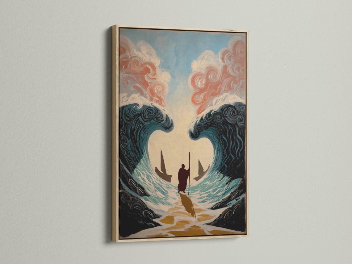 Artwork mockup showing an ocean waves painting on a wall with several angled frame previews