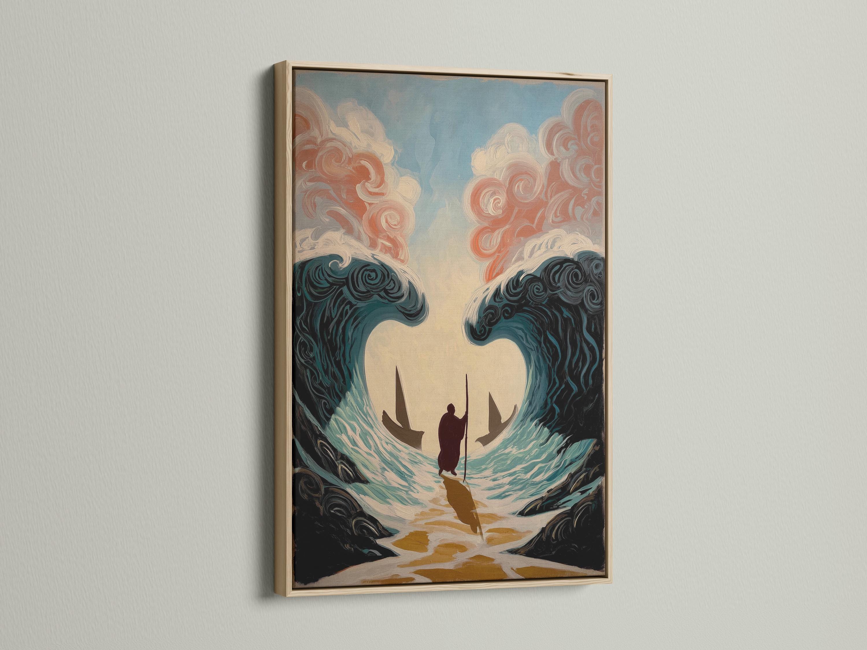Artwork mockup showing an ocean waves painting on a wall with several angled frame previews