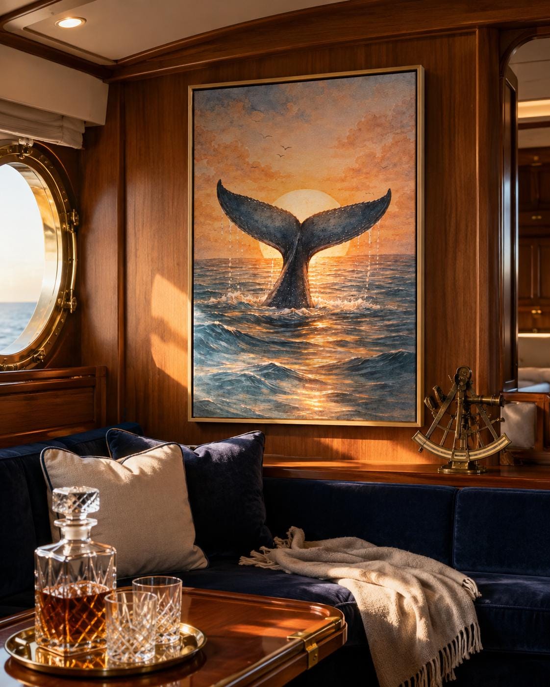 Whale tail sunset artwork hanging in a coastal cafe setting with signs and shelves