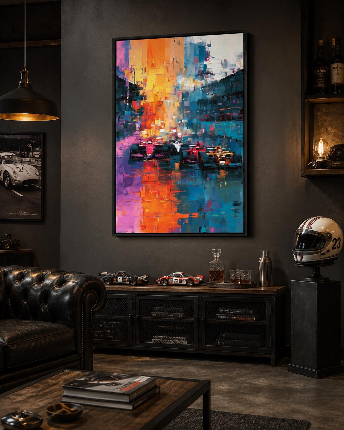Room mockup with a large framed abstract cityscape artwork above a seating area