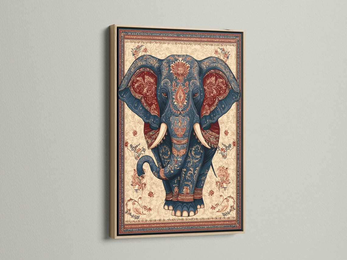 Elephant portrait illustration in deep blue with beige tusks, framed by ornate floral border patterns detail view