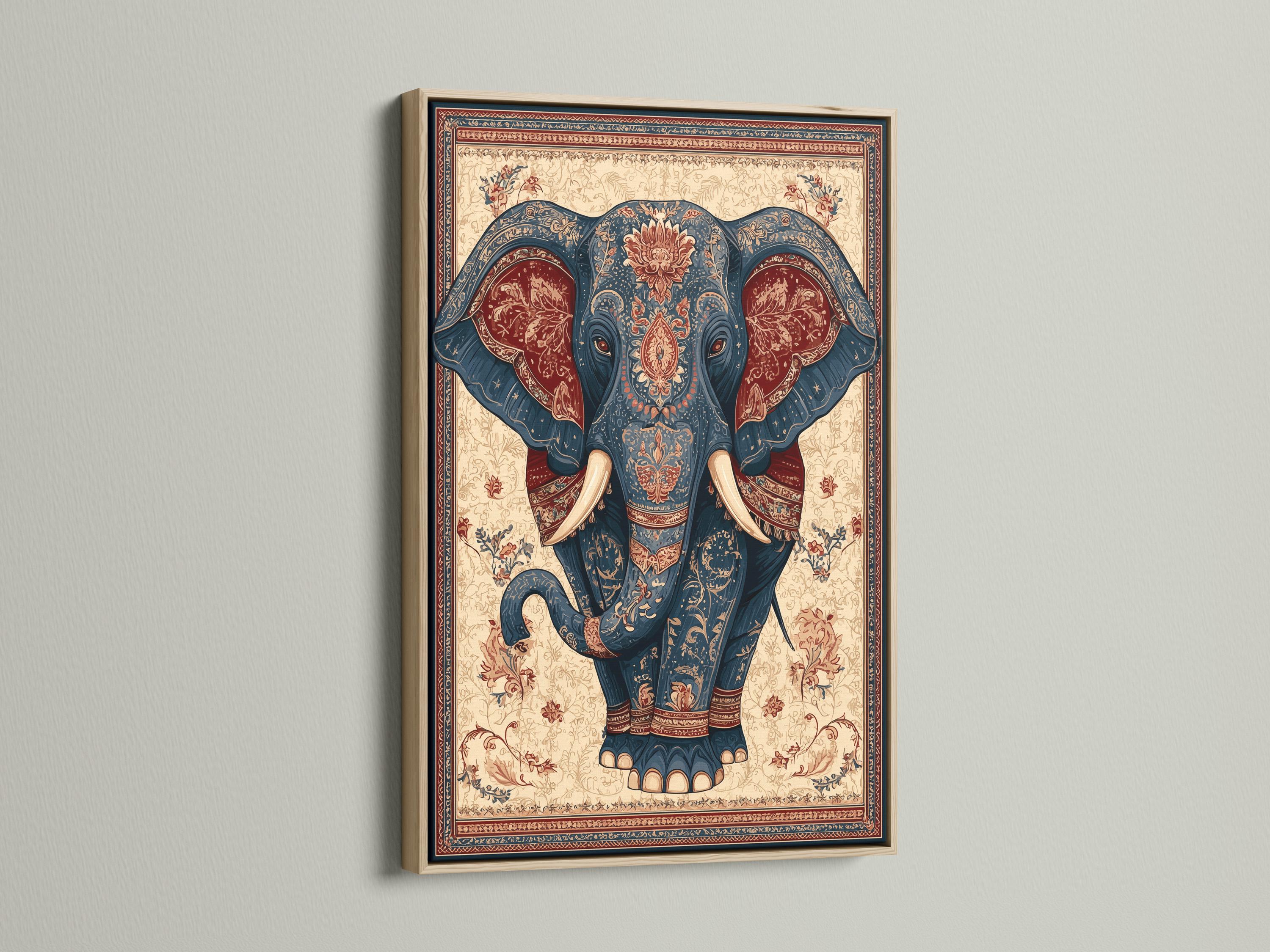 Elephant portrait illustration in deep blue with beige tusks, framed by ornate floral border patterns detail view