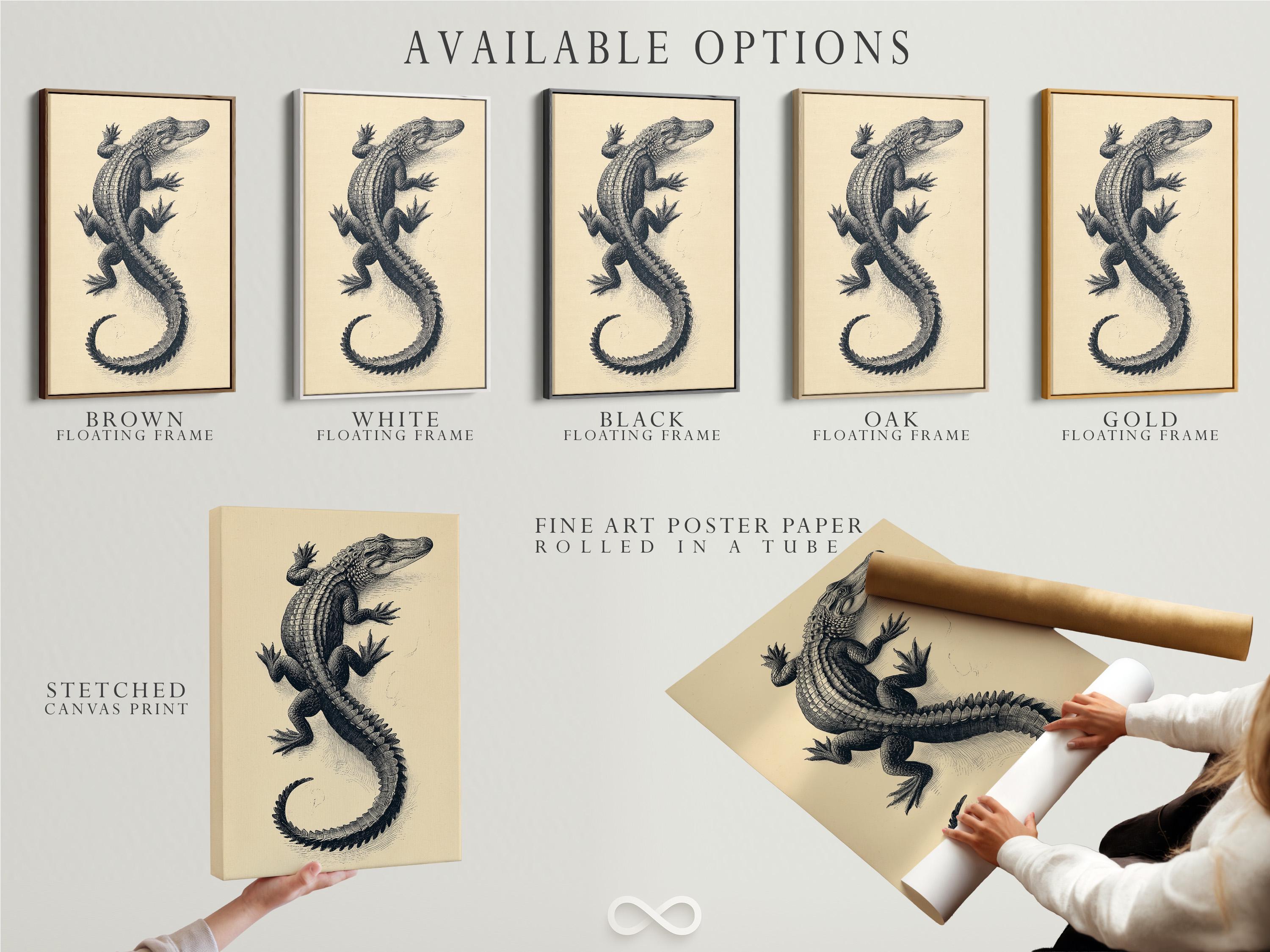 Room mockup showing framed alligator illustration above a wooden desk