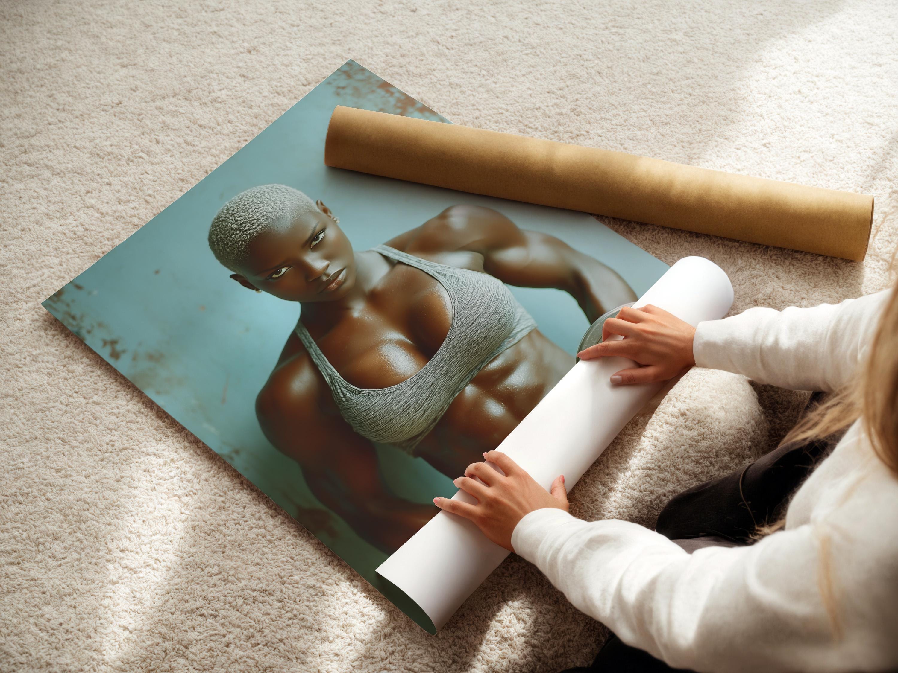 Room mockup showing a framed teal fitness portrait of an athletic woman holding weight plates