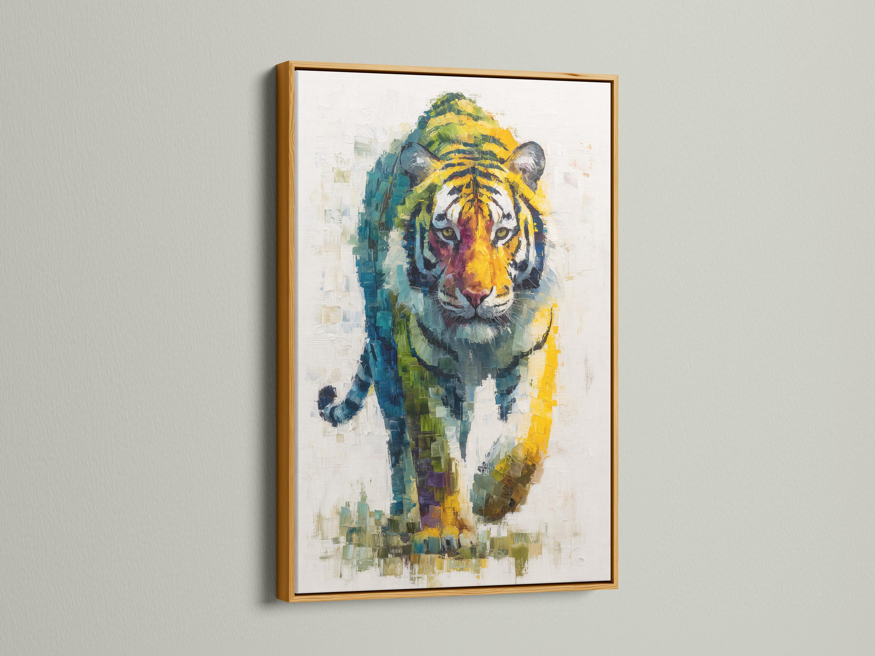 A painterly tiger portrait with layered blue, green and yellow mosaic-like brush strokes detail view