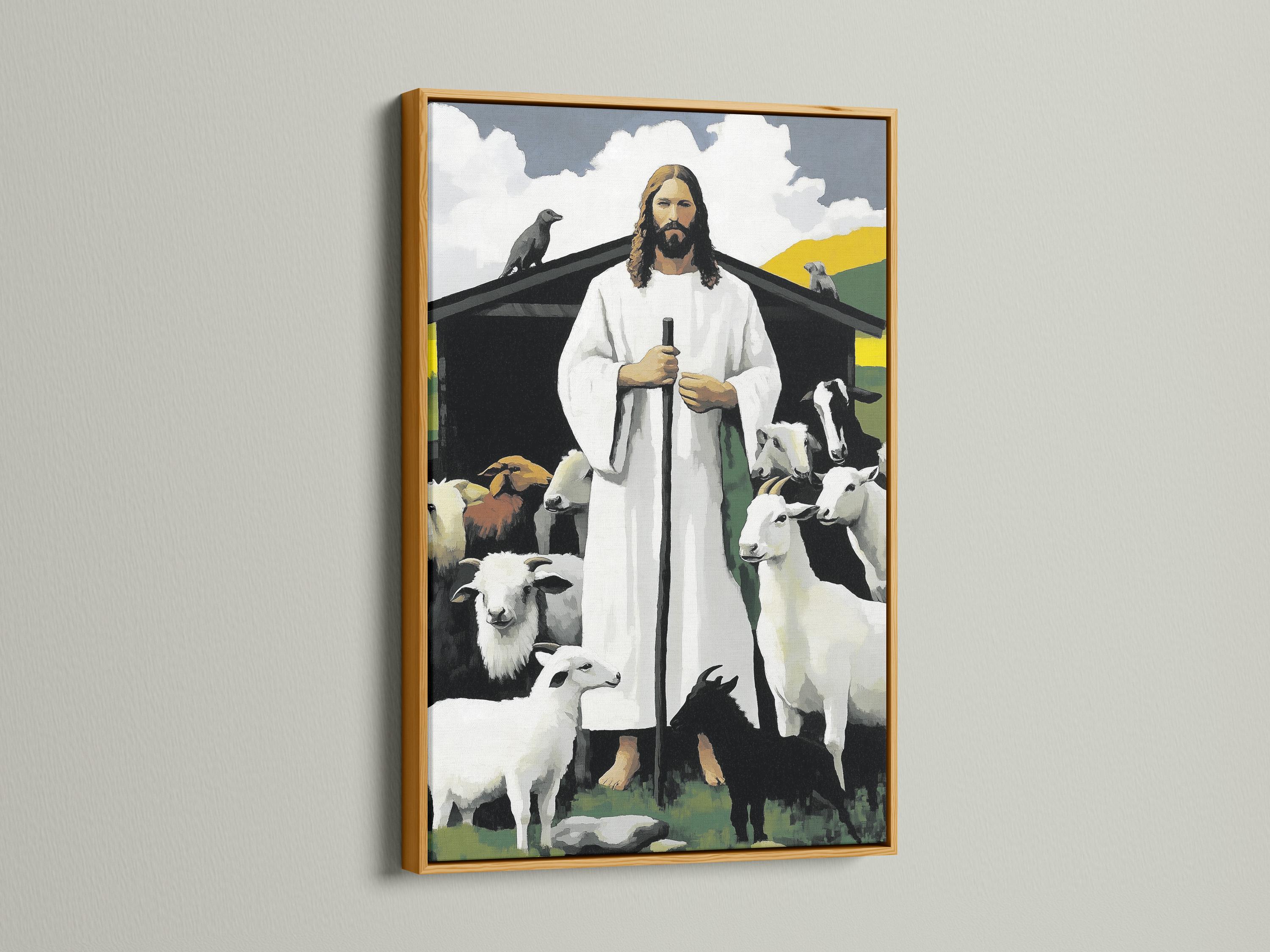 Painterly religious scene with haloed shepherd figure in white robes holding a staff and surrounded by sheep detail view