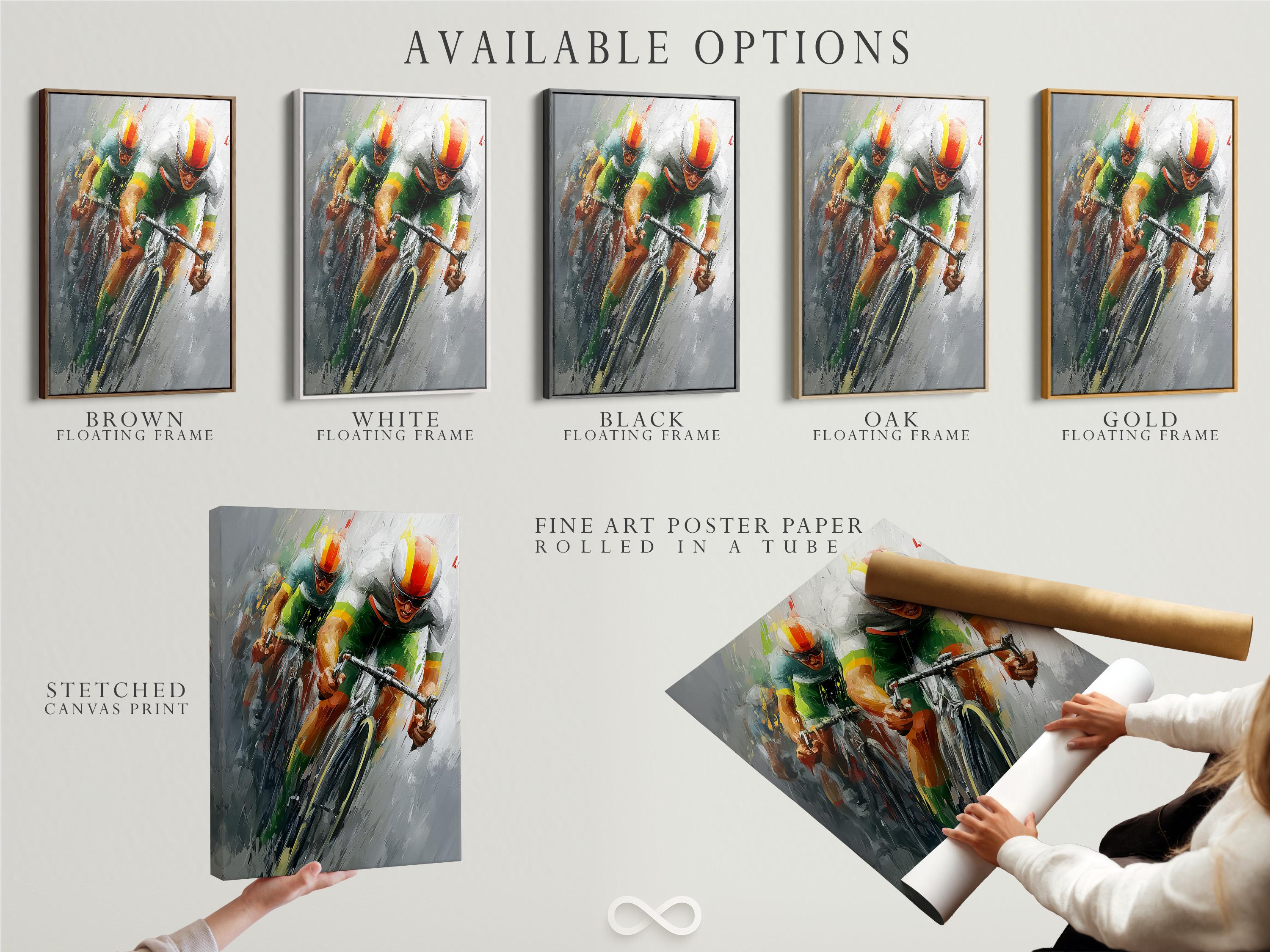 Room mockup showing framed abstract cycling artwork on a light wall