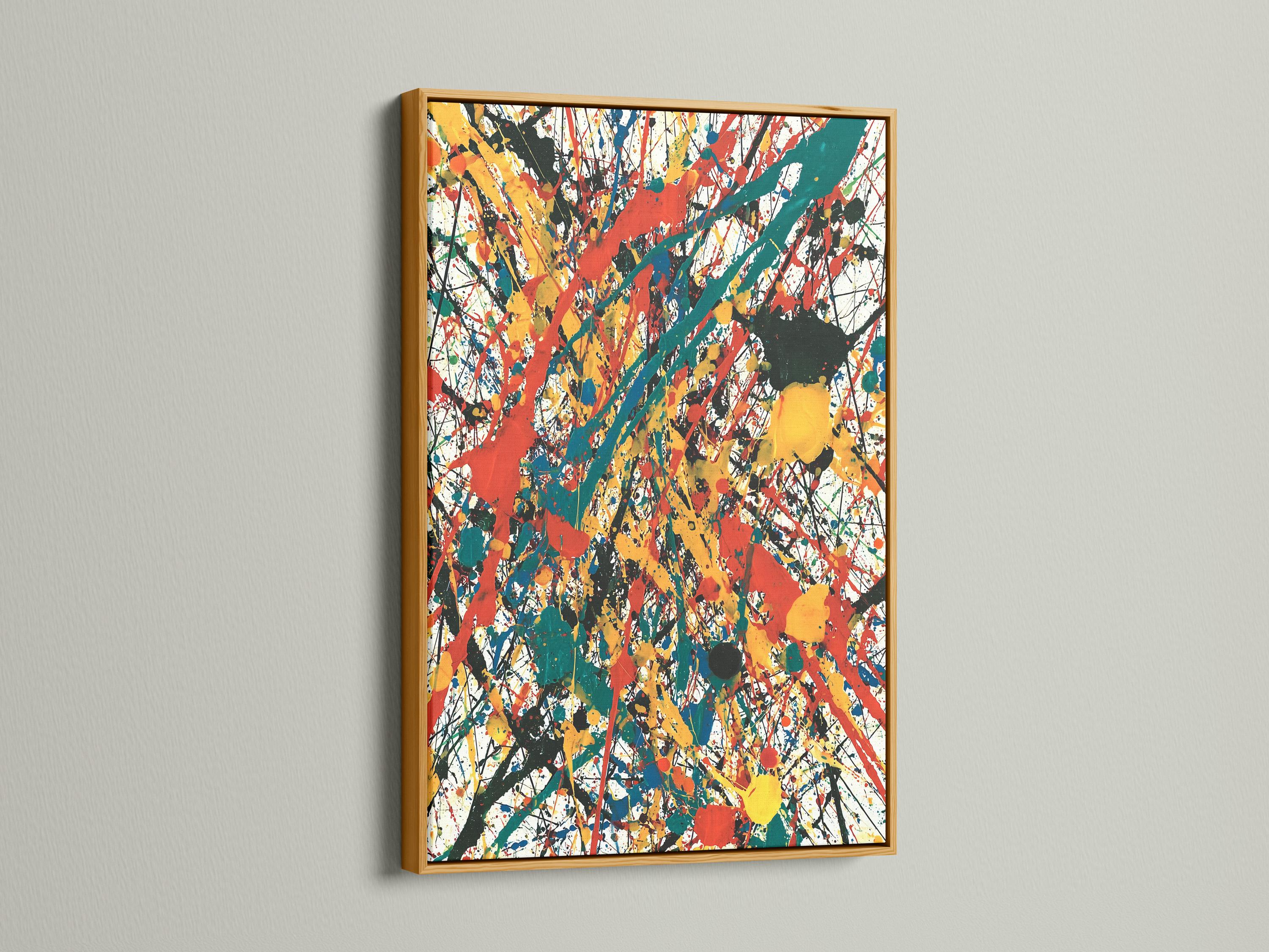 Room mockup showing an abstract expressionist artwork with red, teal, yellow and black splatters