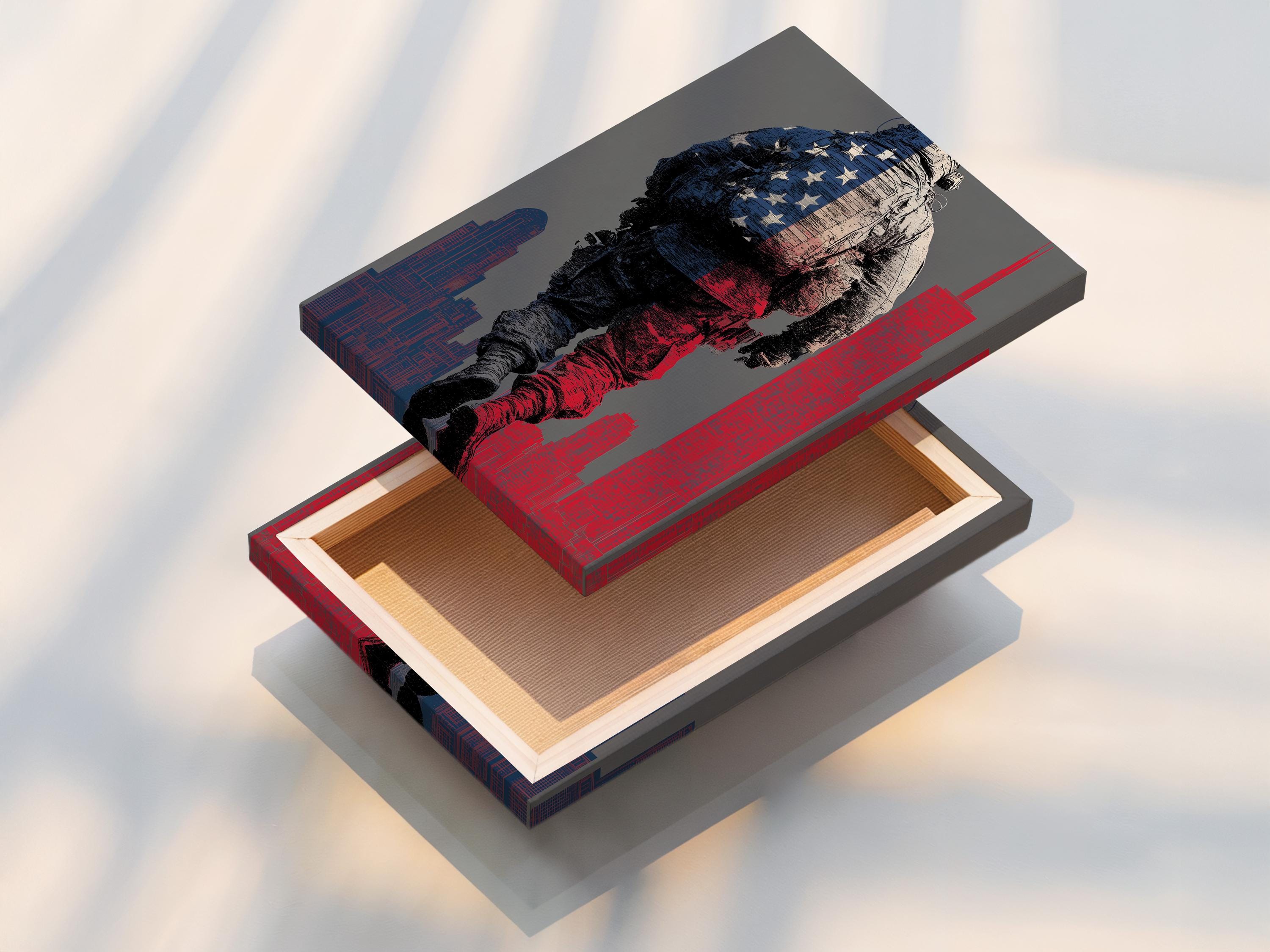 Distressed soldier illustration with blue star patchwork and red-and-navy city skyline detail view