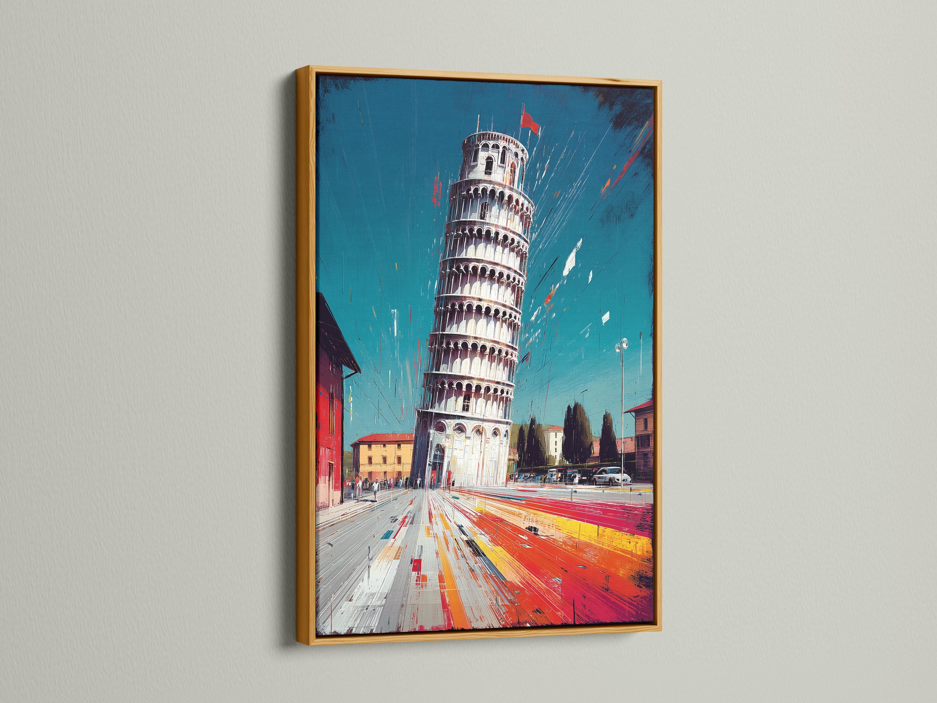 Stylised leaning tower above a teal sky with red, orange and yellow streaked city street detail view