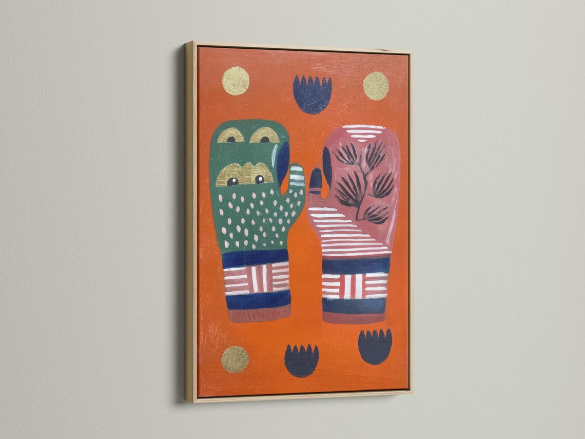 Room mockup showing orange folk art hands artwork with tree motif