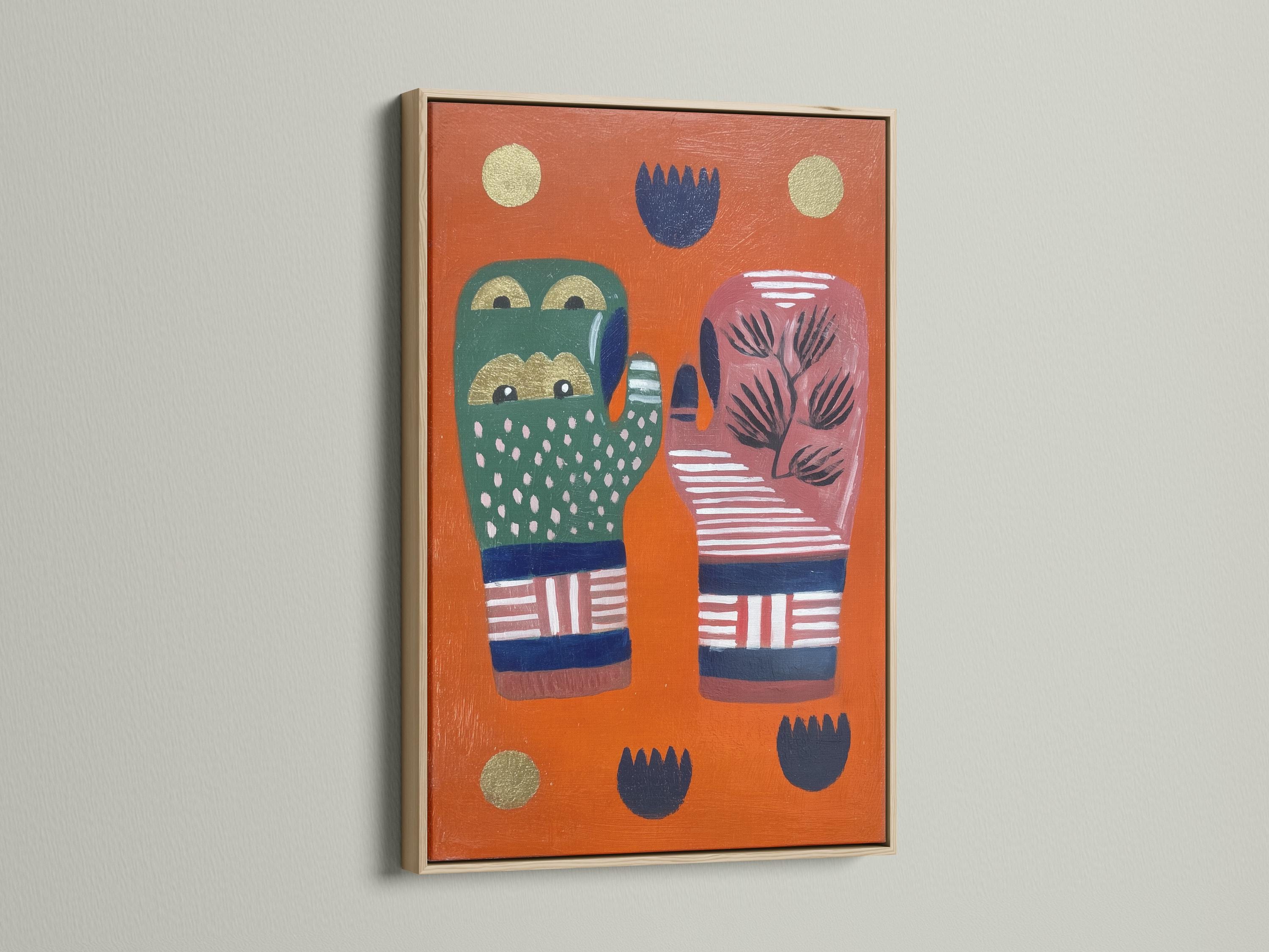 Room mockup showing orange folk art hands artwork with tree motif