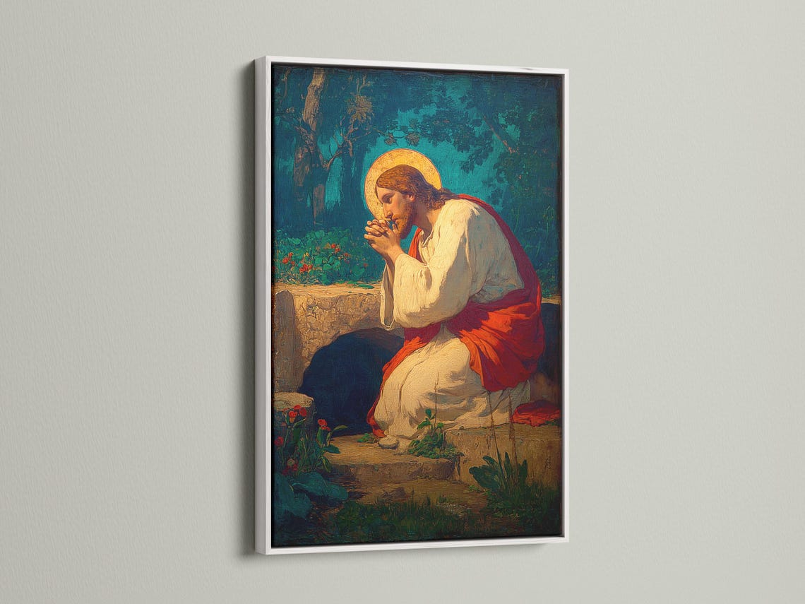 Praying religious portrait with a glowing golden halo against a deep blue-green landscape detail view