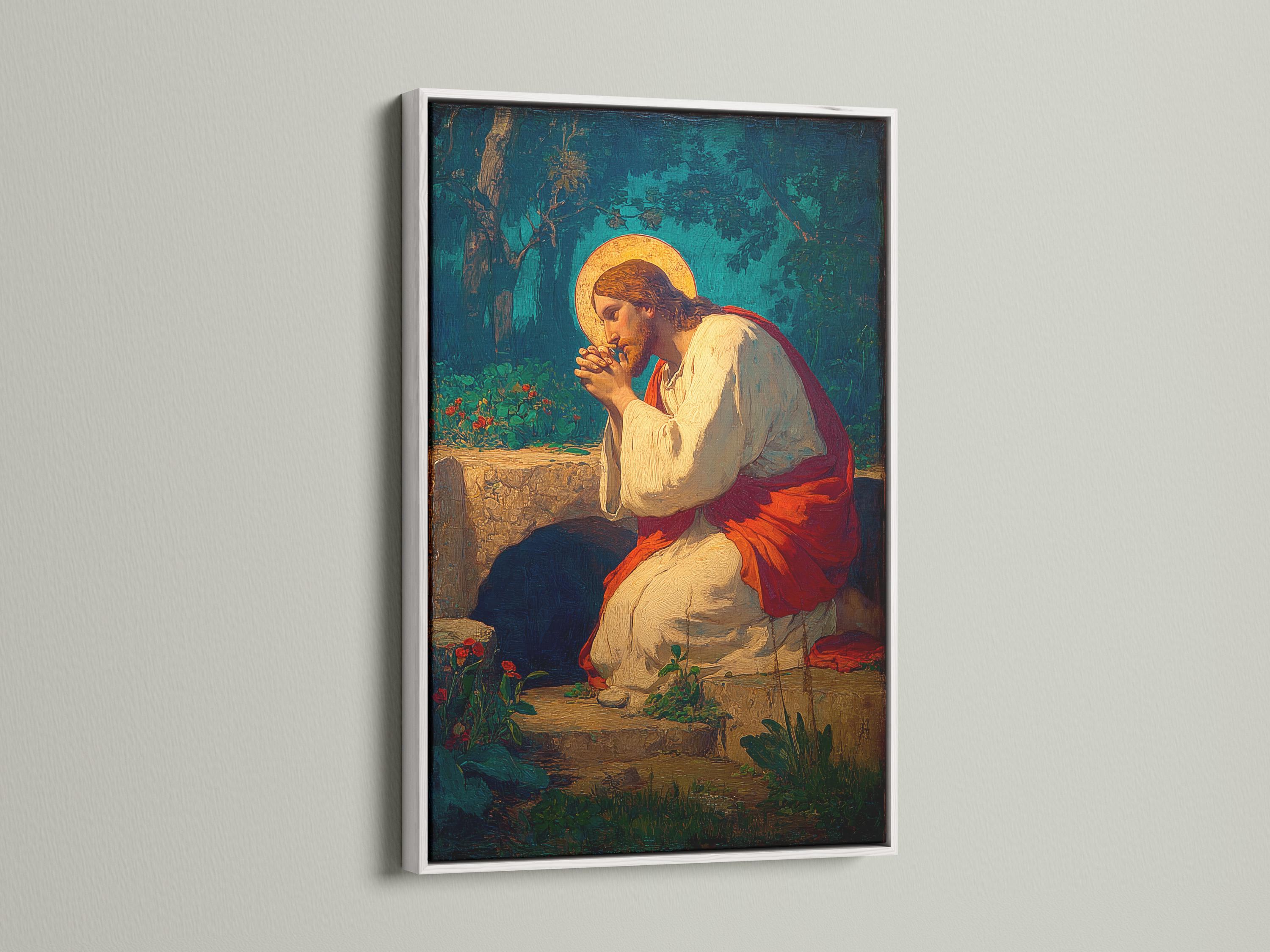 Praying religious portrait with a glowing golden halo against a deep blue-green landscape detail view