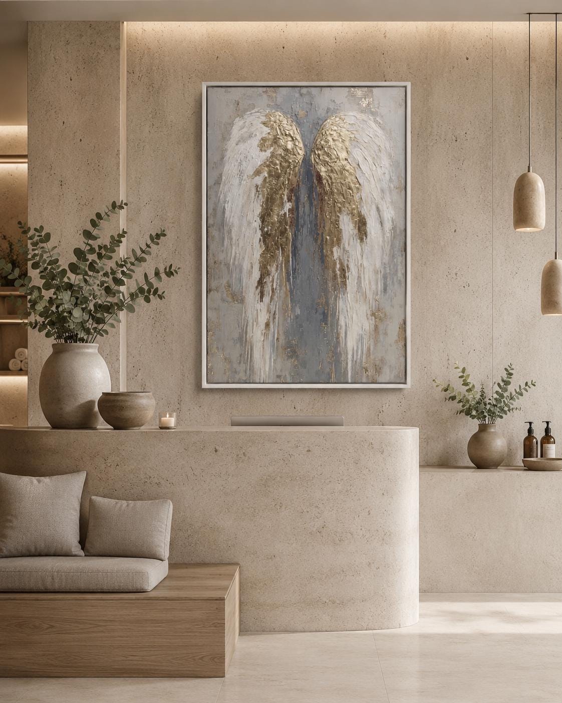 An angel-wing motif is shown symmetrically in layered white, grey and gold leaf-like tones, set against a textured neutral background detail view